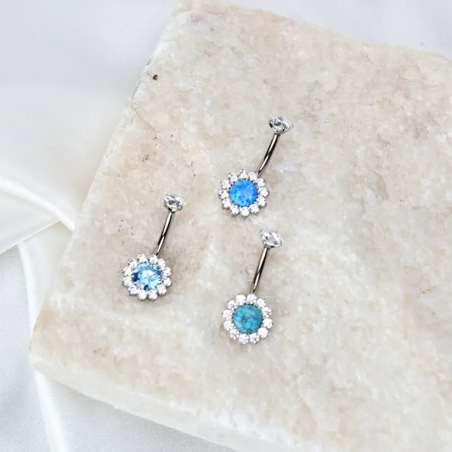 Titanium Aquamarine Sunflower Belly Button Ring