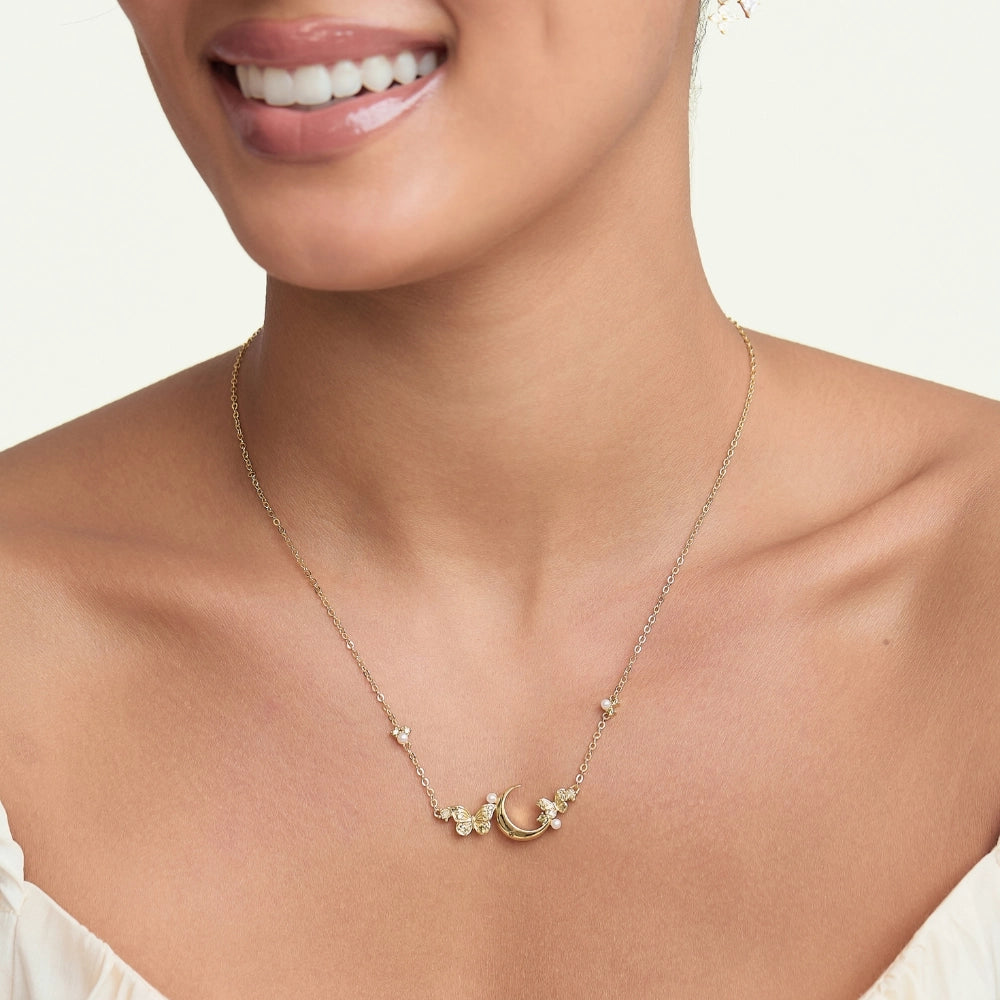 Diamond Crescent Moon & Butterfly Necklace