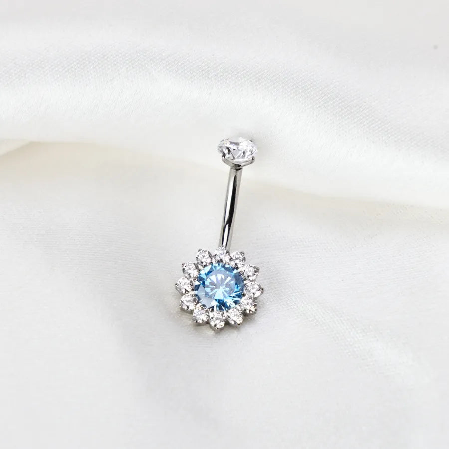 Titanium Aquamarine Sunflower Belly Button Ring
