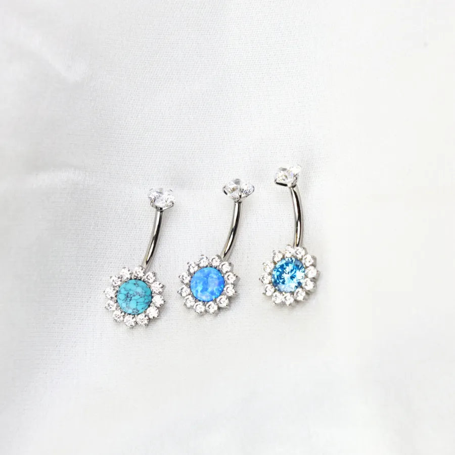 Titanium Aquamarine Sunflower Belly Button Ring