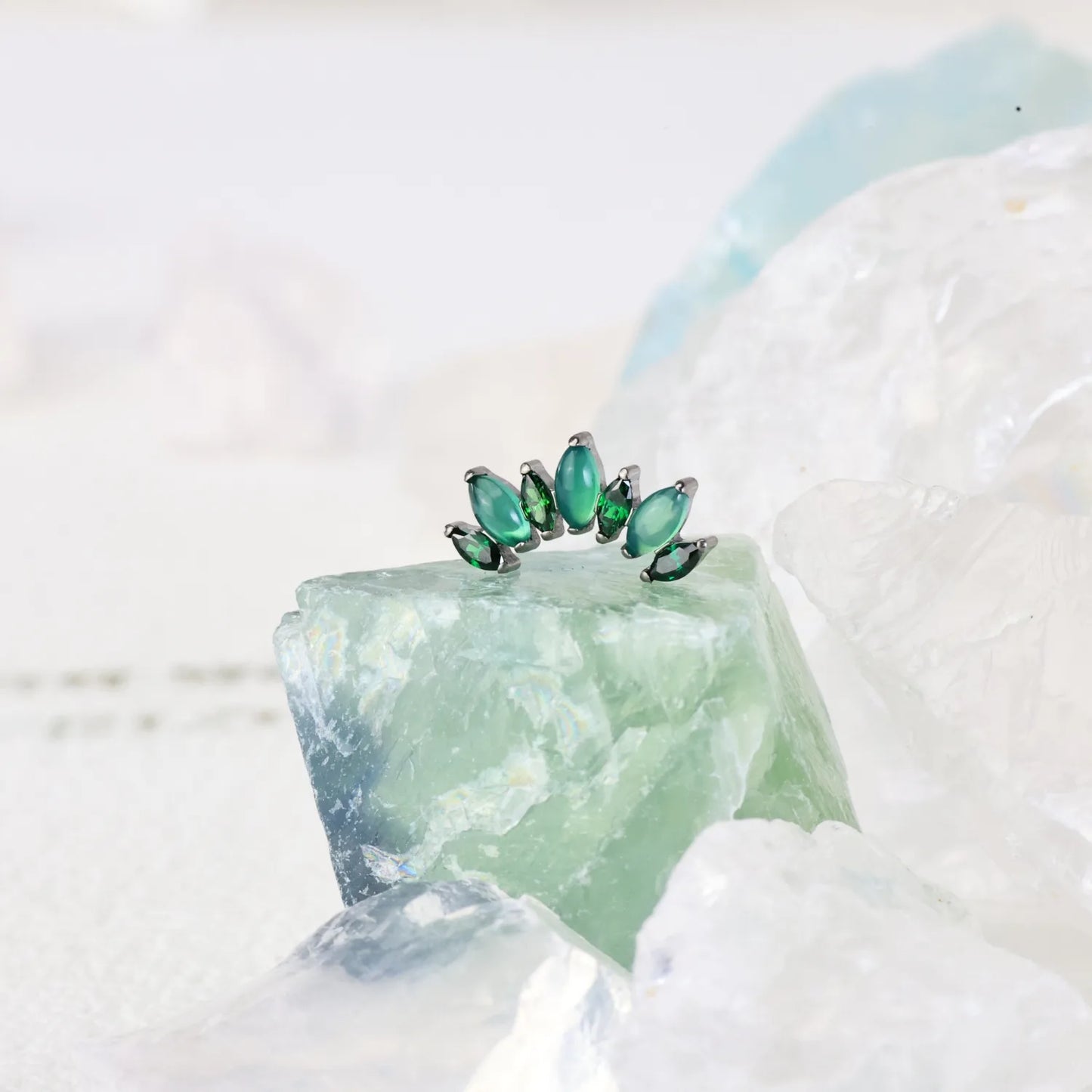 Titanium 7-Petal Green Jade Crown Flat Back Stud