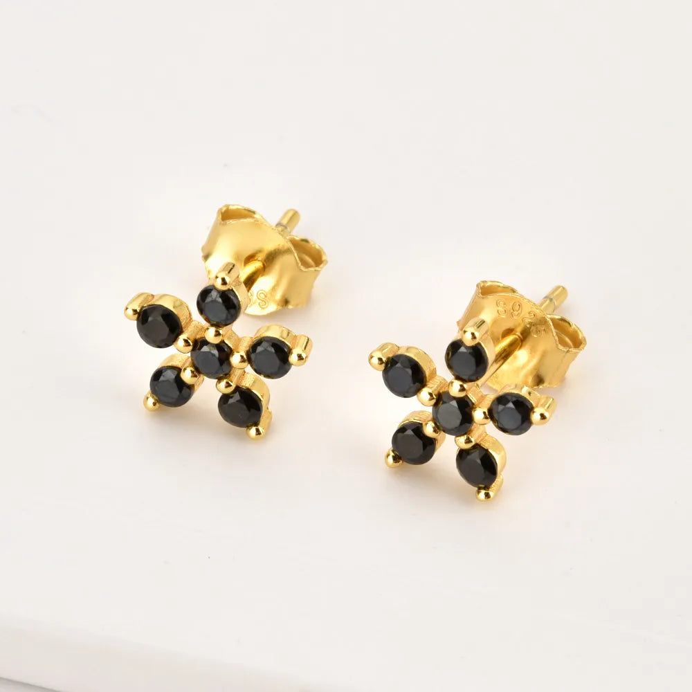 Six Stone Black Flower Stud Earrings