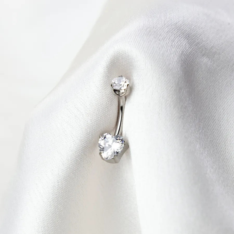 Titanium Simple Heart Belly Ring - White Diamond
