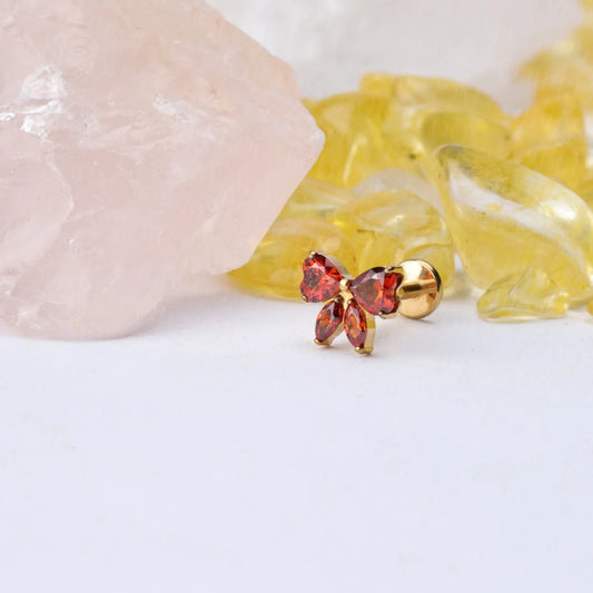 Titanium Daphne Red Garnet Ribbon Bow Flat Back Stud