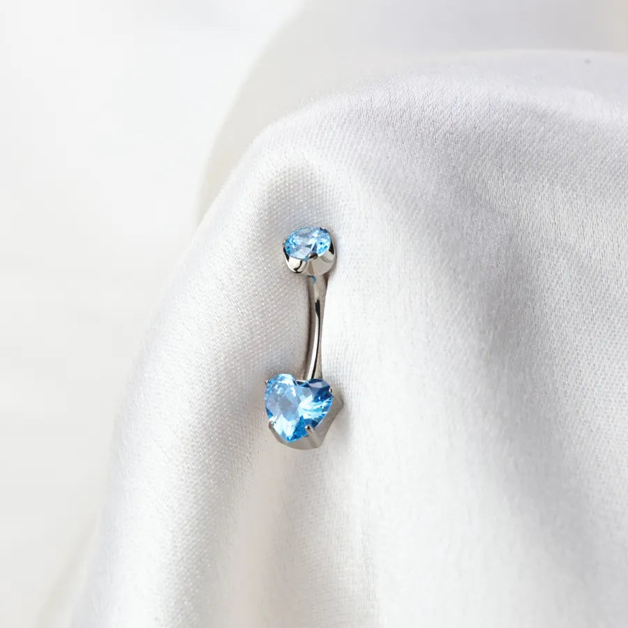 Titanium Simple Heart Belly Ring - Aquamarine