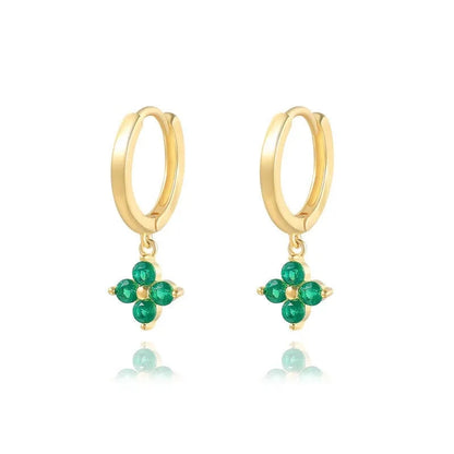 Green Emerald Four-Clover Hoop Earrings