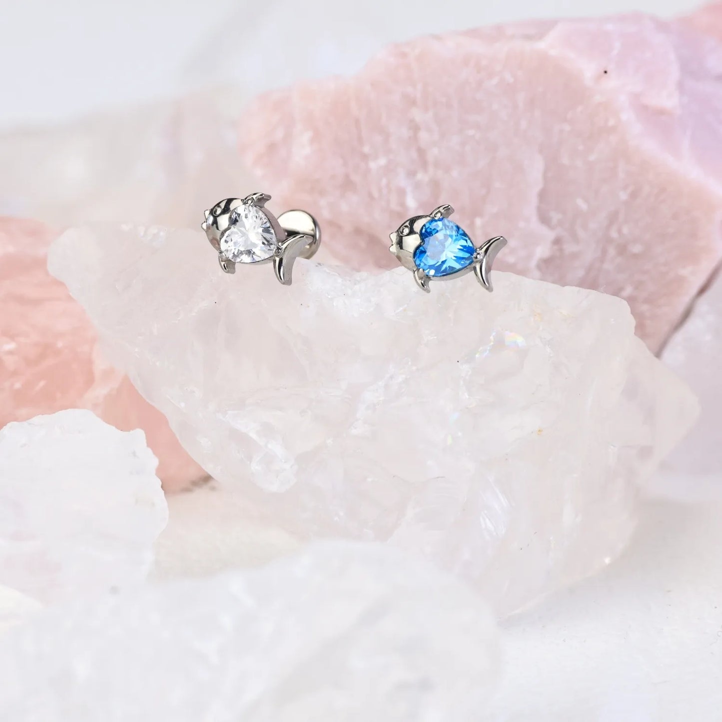 Titanium Heart Shape Aquamarine Tropical Fish Piercing Stud