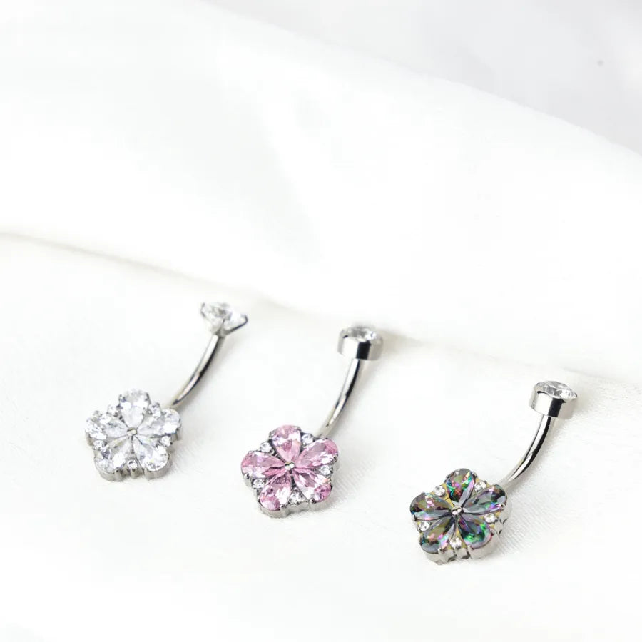 Titanium Dainty Flower Belly Button Ring - Dark Iridescent