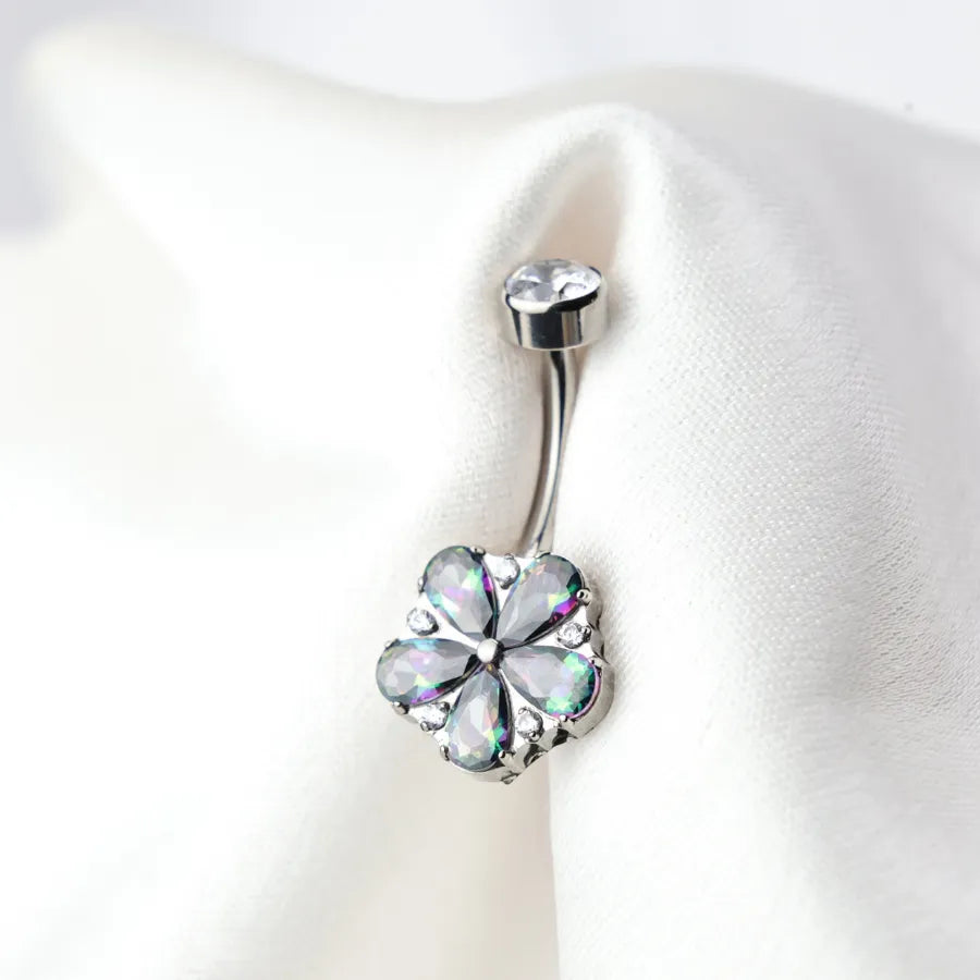Titanium Dainty Flower Belly Button Ring - Dark Iridescent