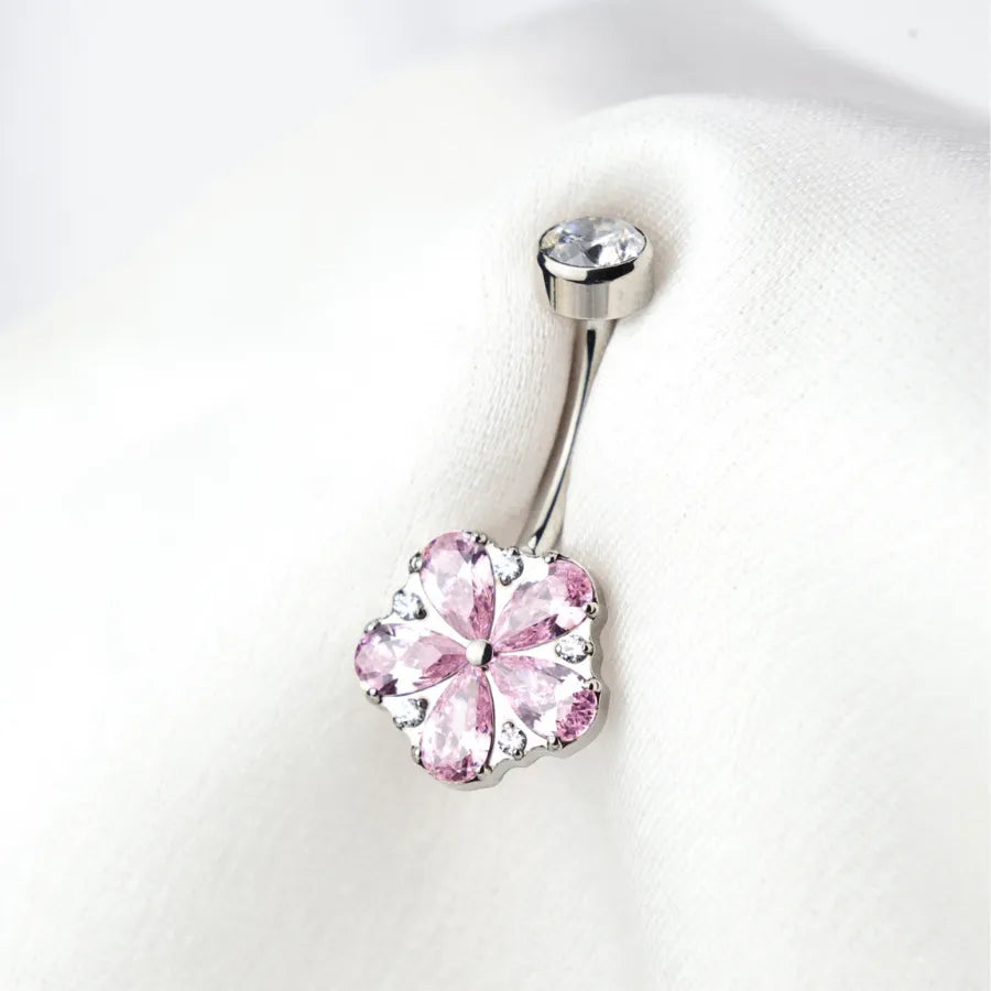 Titanium Dainty Flower Belly Button Ring - Pink