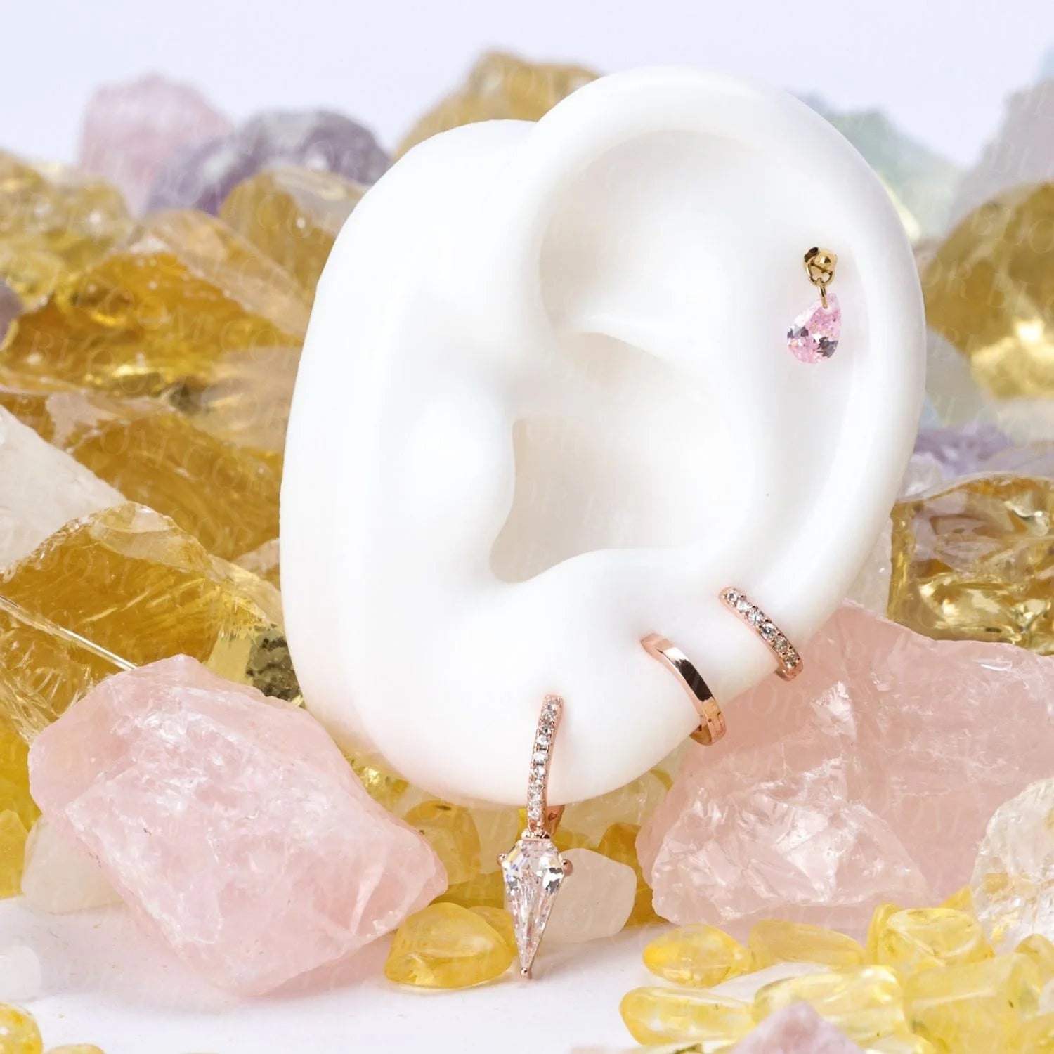 Titanium Freyja Floating Waterdrop Stud | Vertical Helix Earring - Pink