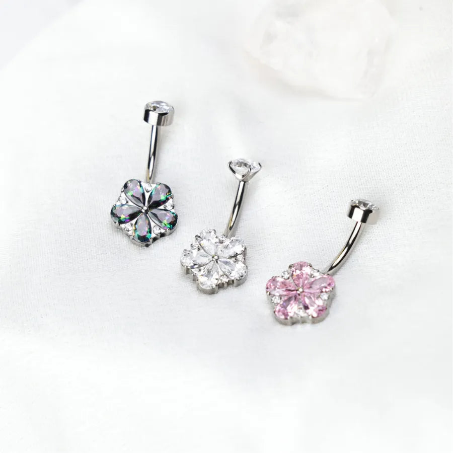Titanium Dainty Flower Belly Button Ring - Pink