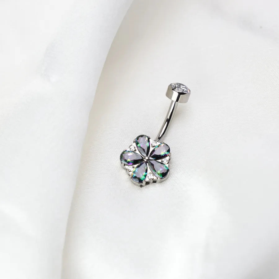 Titanium Dainty Flower Belly Button Ring - Dark Iridescent