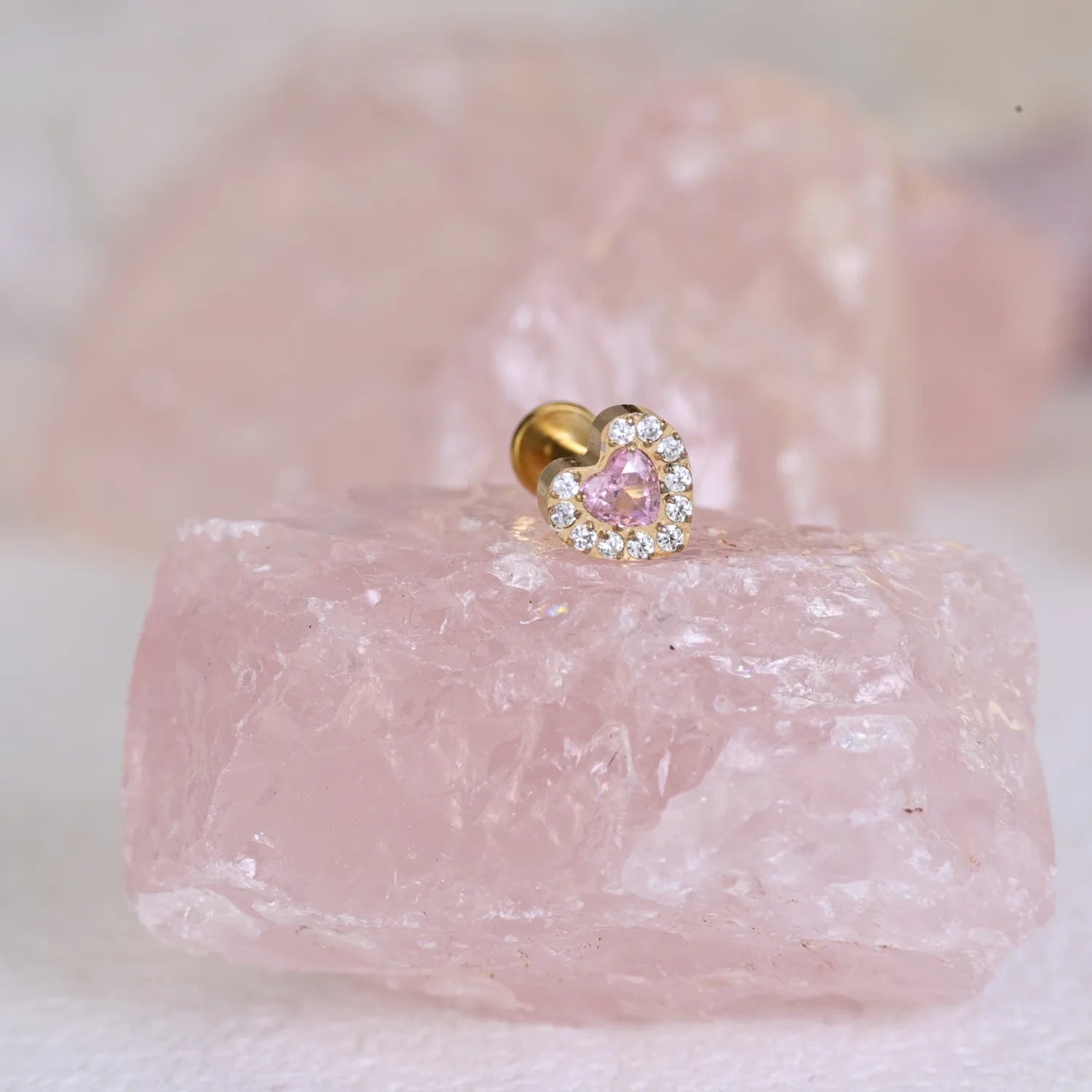 Titanium Pink Tourmaline Heart Flat Back Piercing Stud