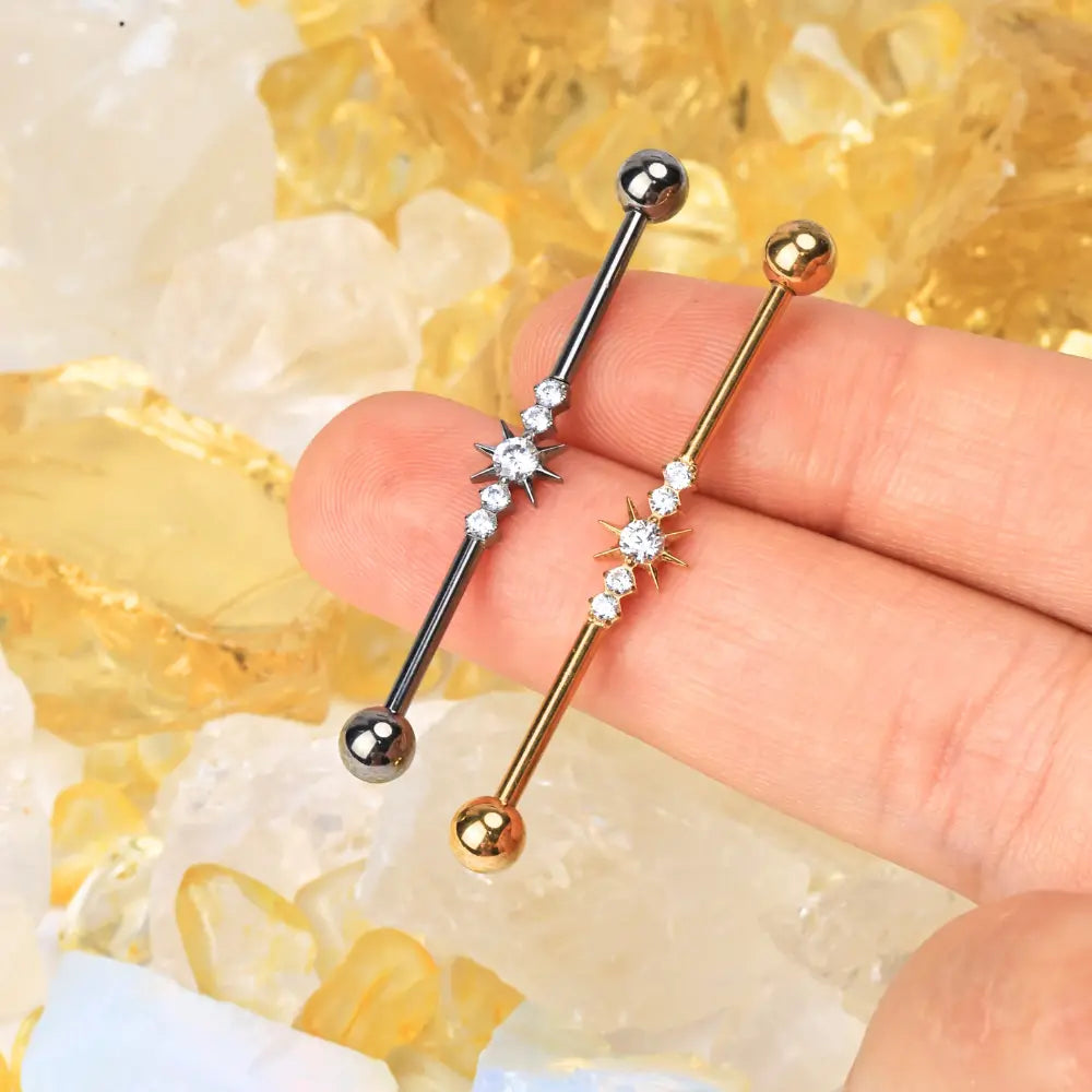 Titanium Sparkling Diamond Sun Industrial Barbell (14G | 38mm)