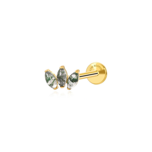 Titanium 3-Petal Marquise Moss Agate Flat Back Stud