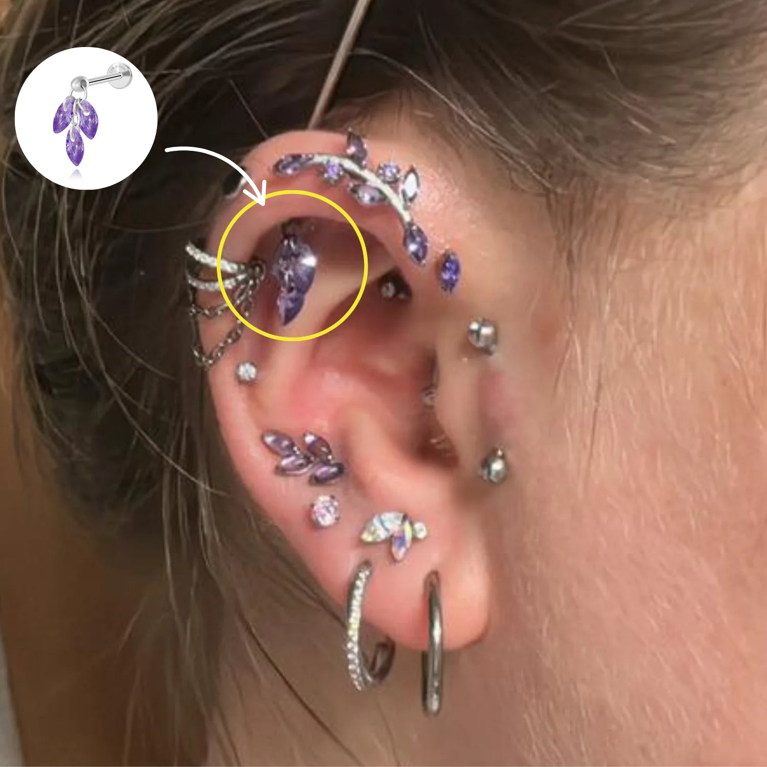 Amethyst - Titanium Floating Plume Flat Back Earring | Hidden Helix Stud