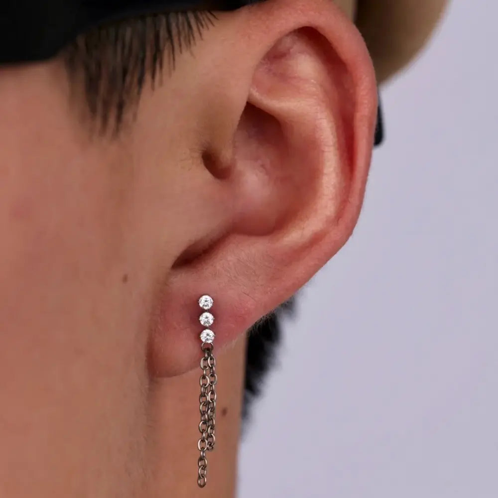 Titanium Iris Trio Diamond Dangling Chain Stud