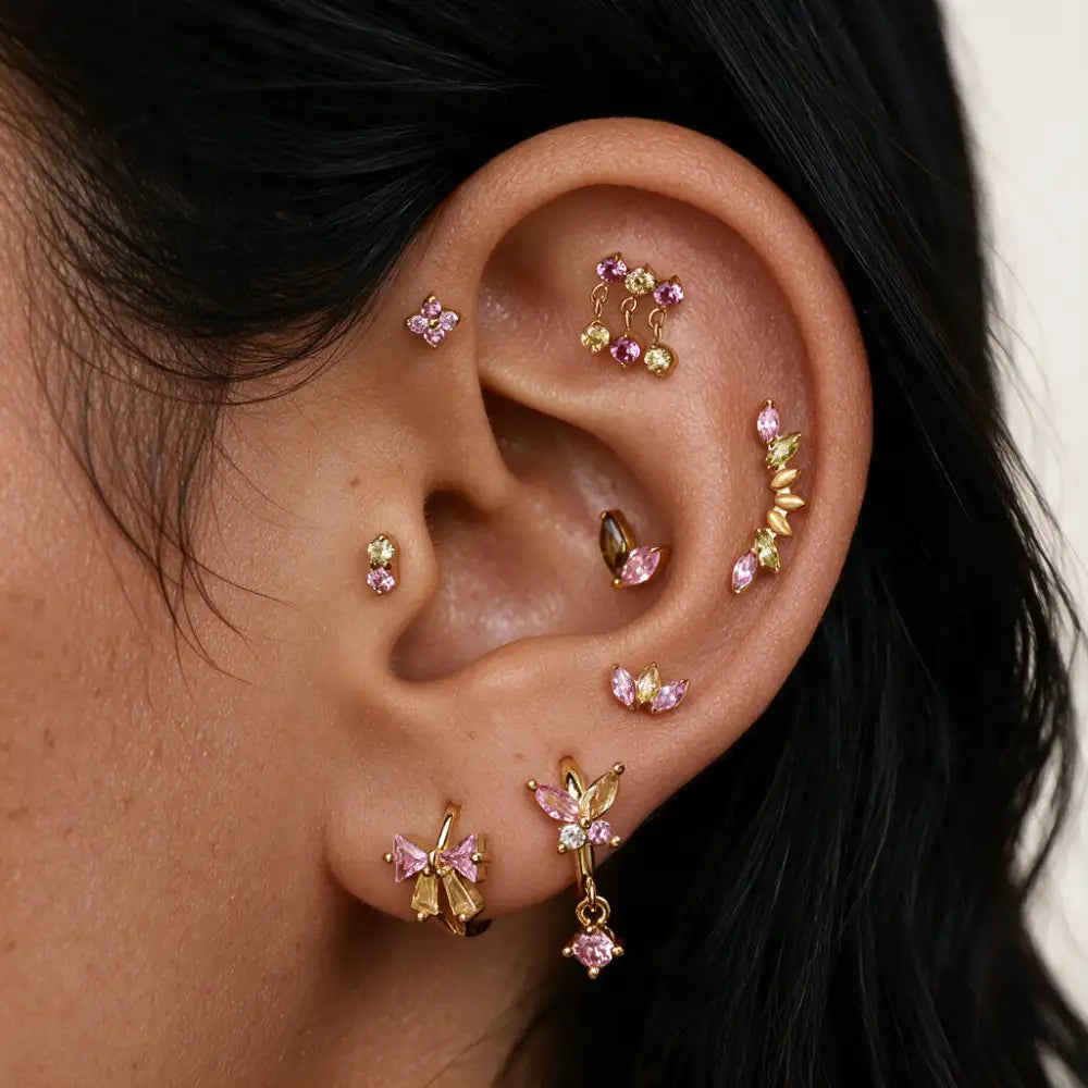 Titanium Seven-Petal Stud - Spring - Pink & Apple Green