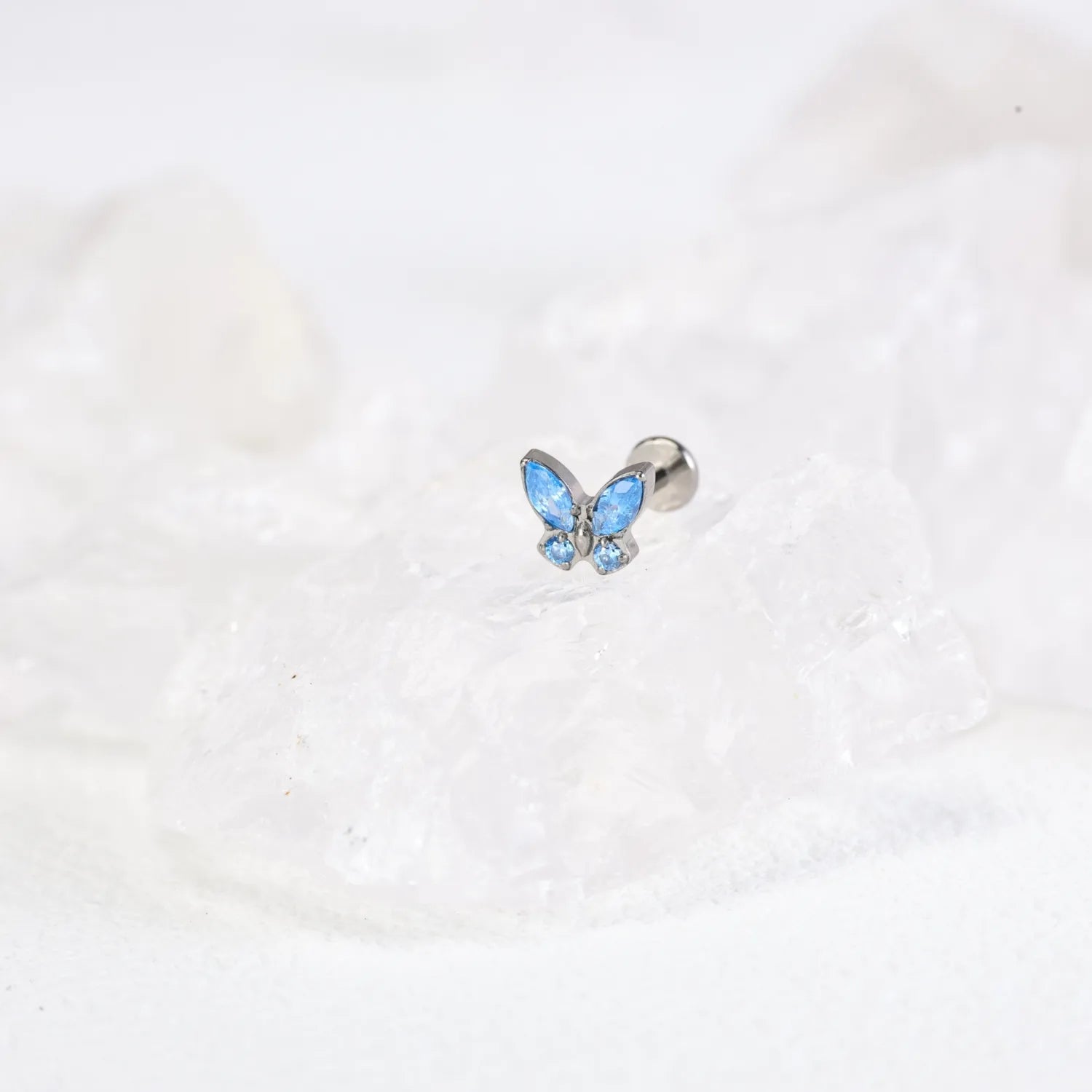 Titanium Aquamarine Butterfly Flat Back Piercing Stud