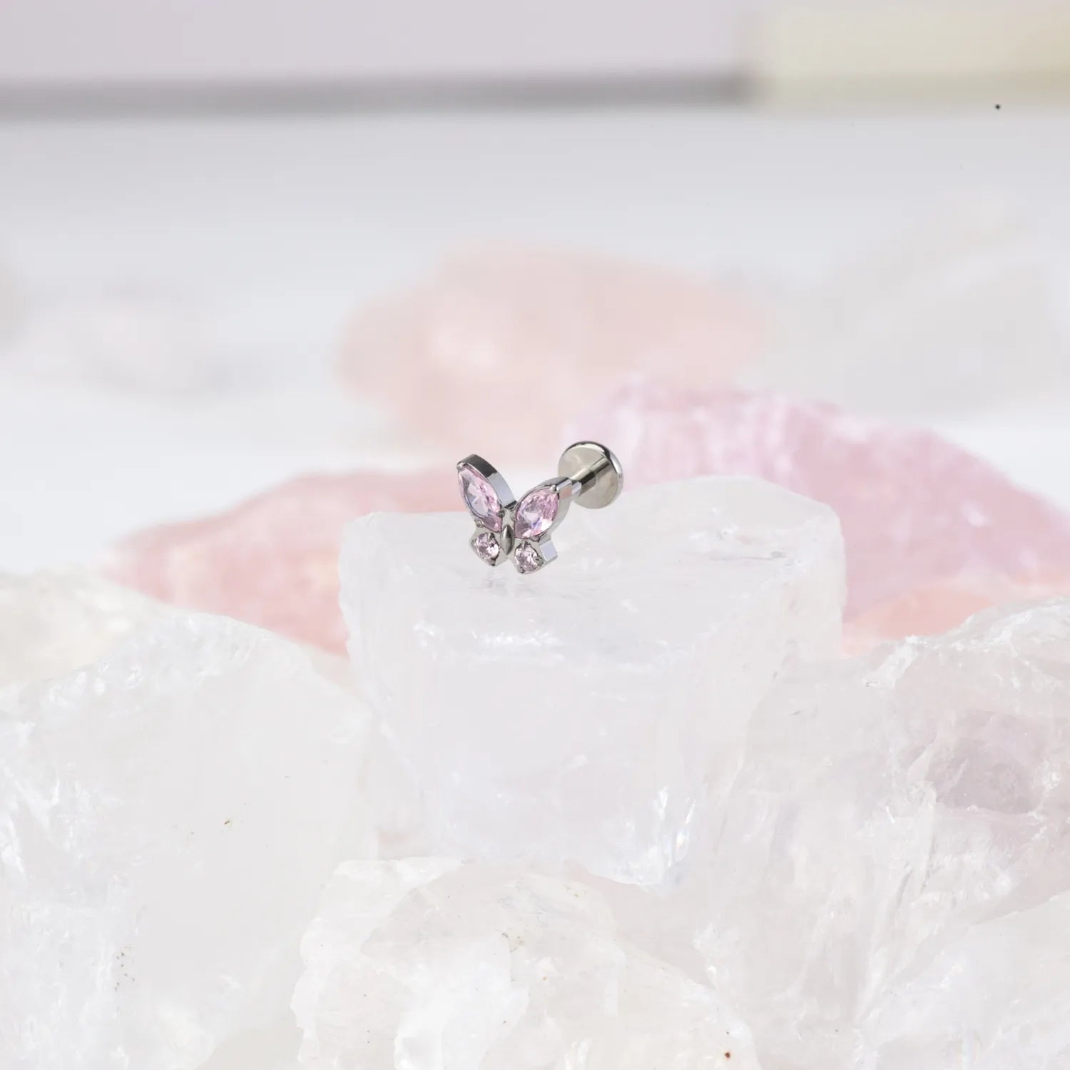 Titanium Pink Tourmaline Butterfly Flat Back Piercing Stud