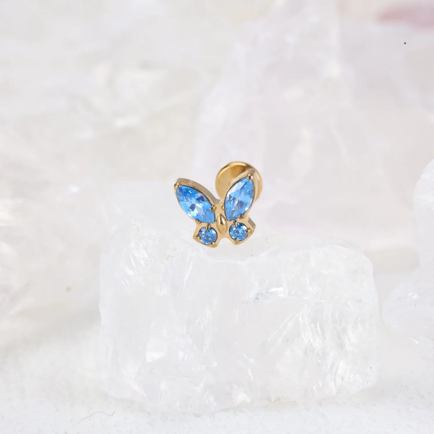Titanium Aquamarine Butterfly Flat Back Piercing Stud