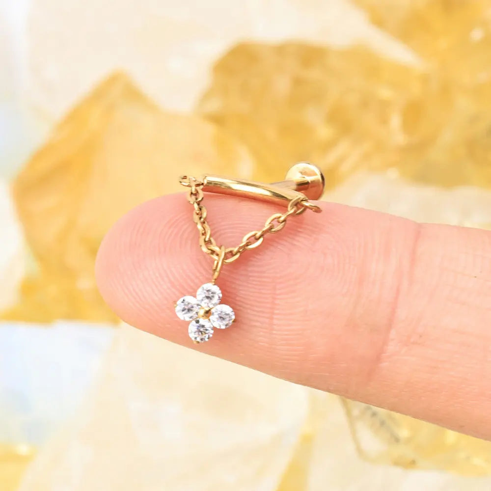 Titanium Amiria Four Leaf Clover Dangle Stud - Vertical Helix & Hidden Rook