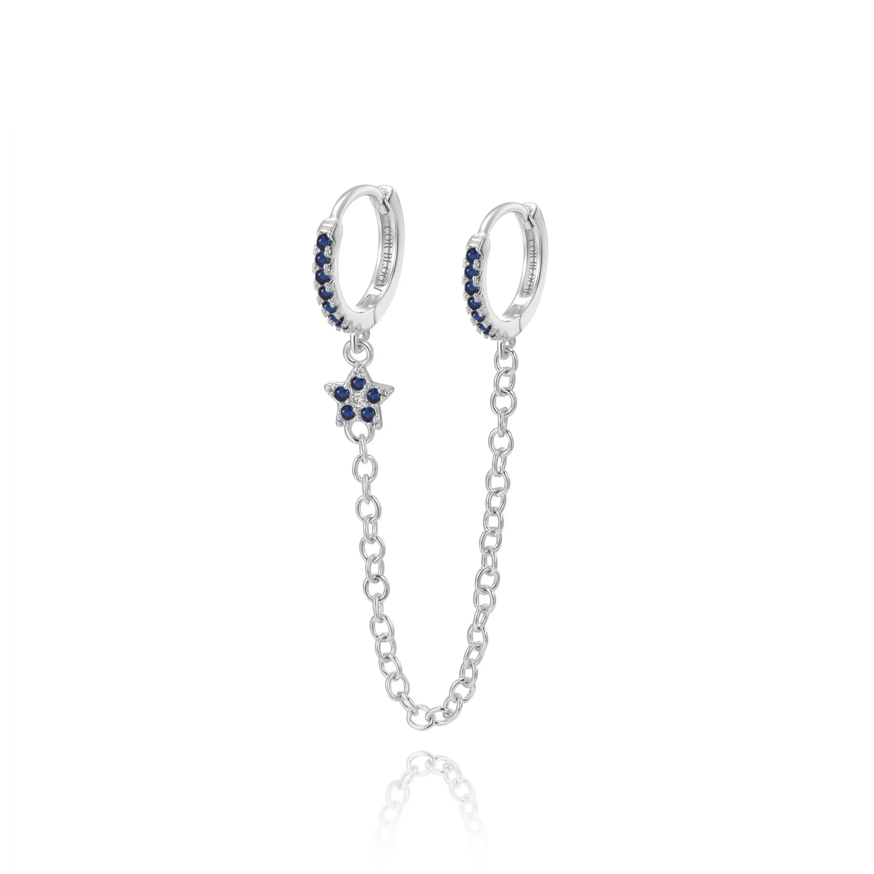 Aleena Pave Star Chain Earring - Blue Sapphire