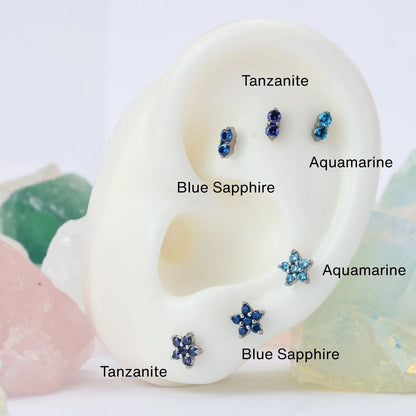 Blue Sapphire Jasmine Flower Flat Back Stud