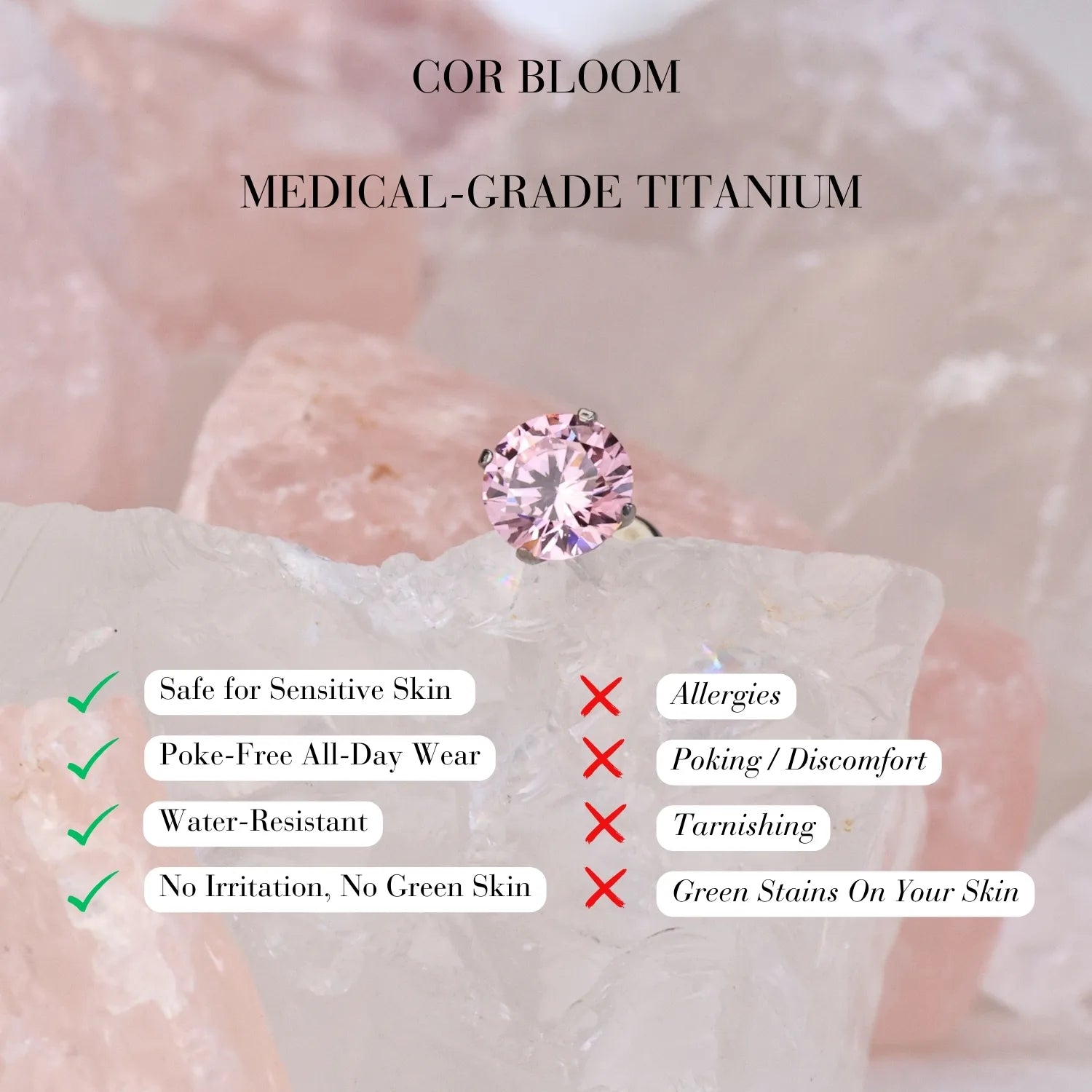 Titanium Freyja Multisize Pink Tourmaline Stud (Push Pin)
