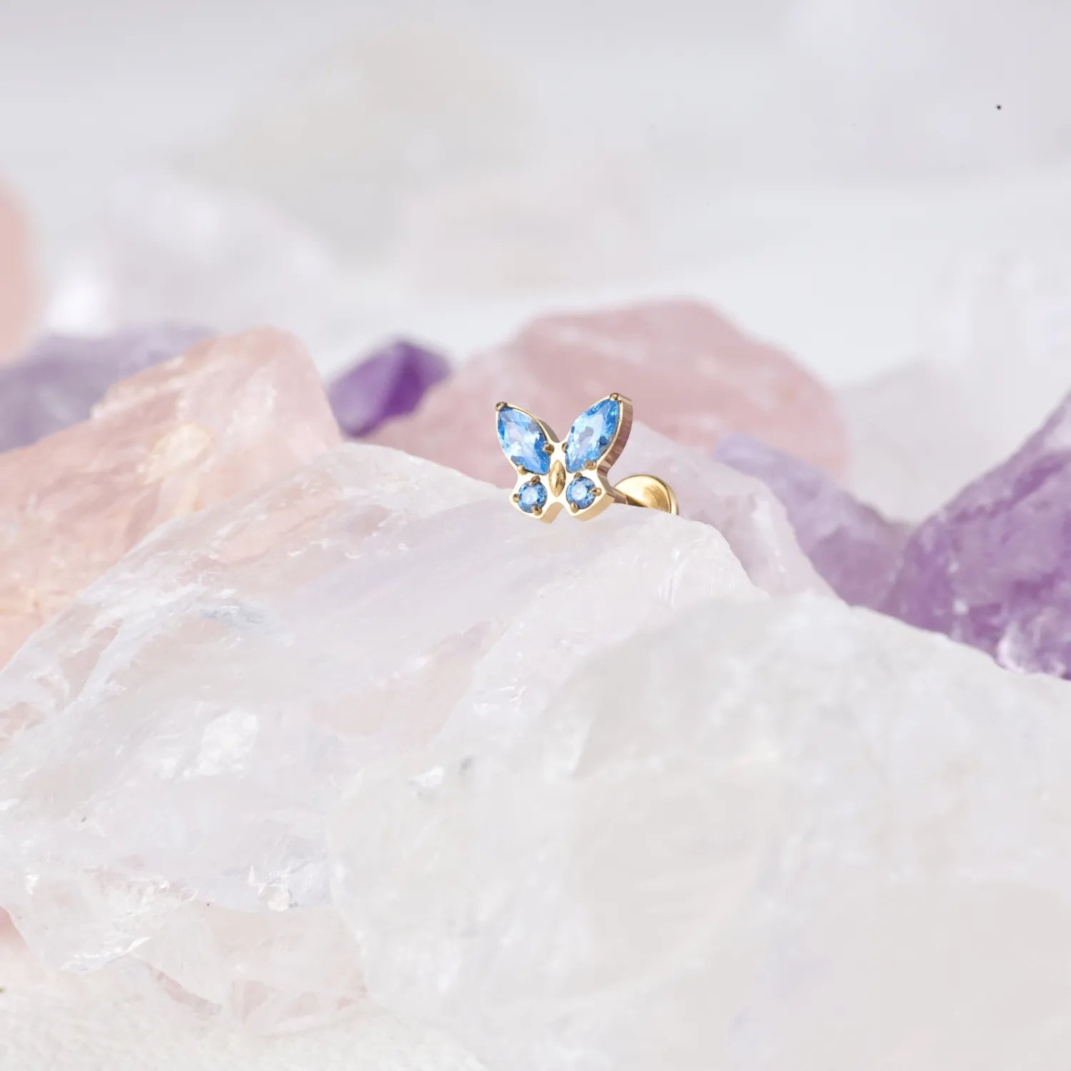 Titanium Aquamarine Butterfly Flat Back Piercing Stud