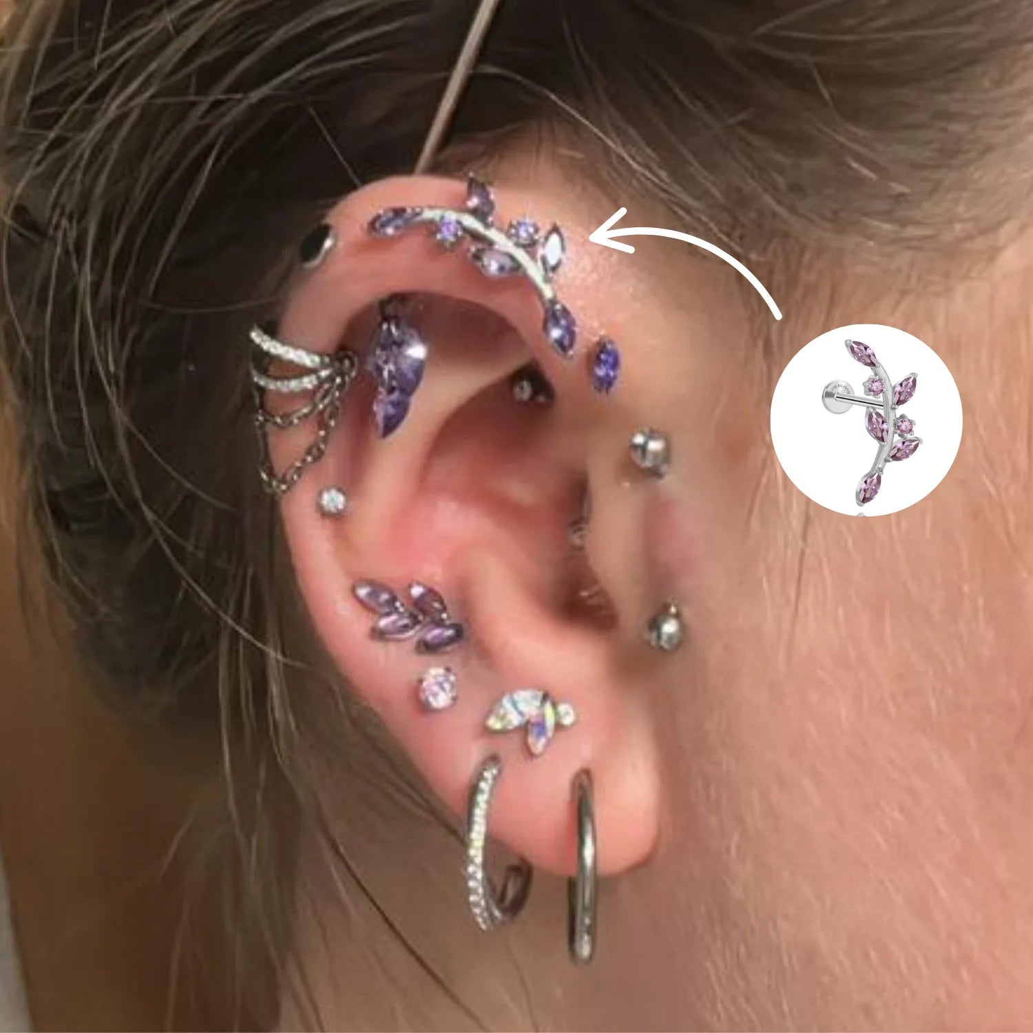 Dainty Amethyst Climbing Leaf Piercing Stud