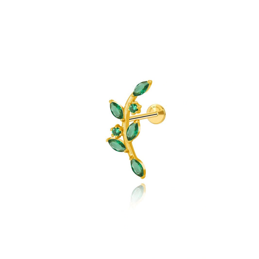 Dainty Green Emerald Climbing Leaf Piercing Stud