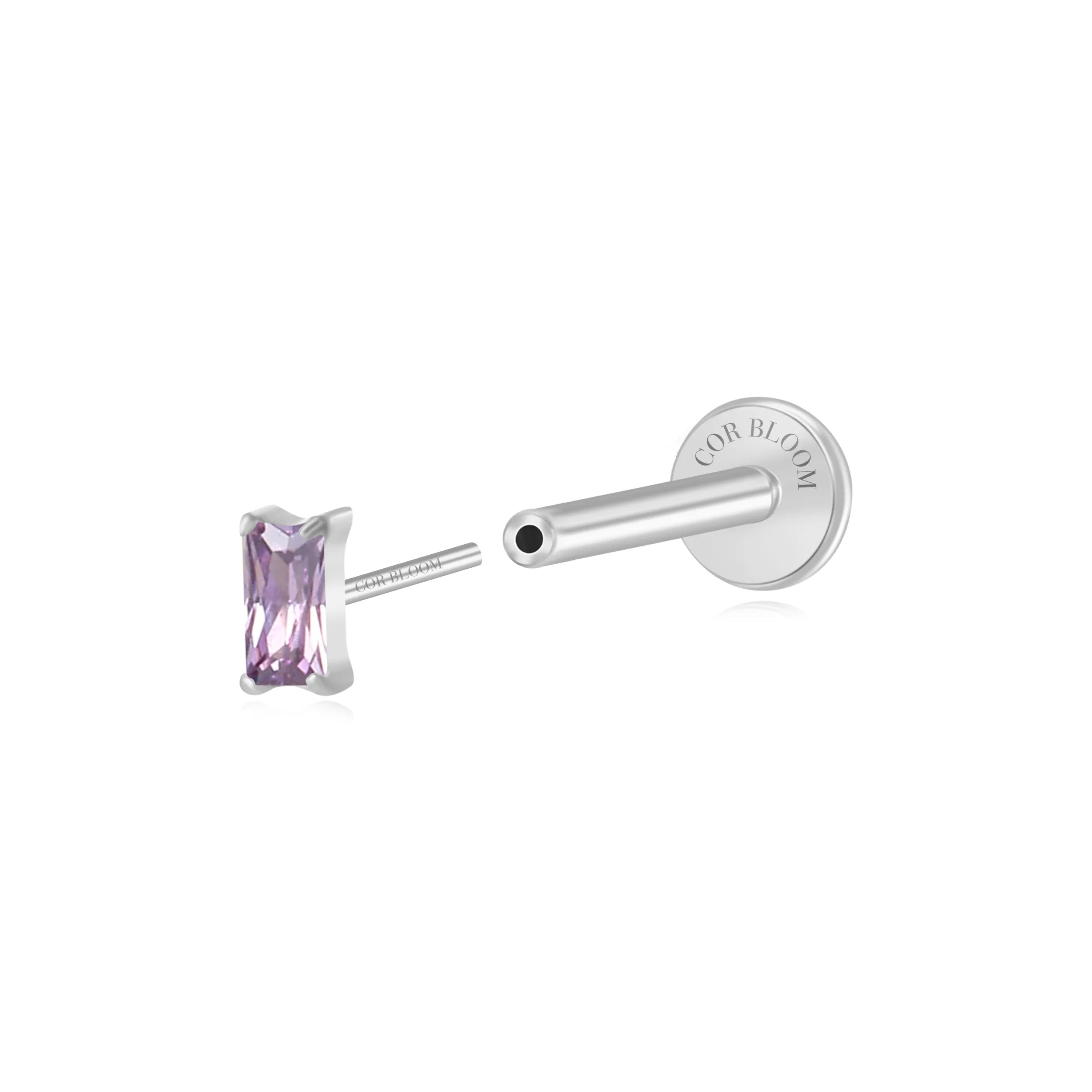 Titanium Irida Small Rectangular Baguette Flat Back Stud - Amethyst