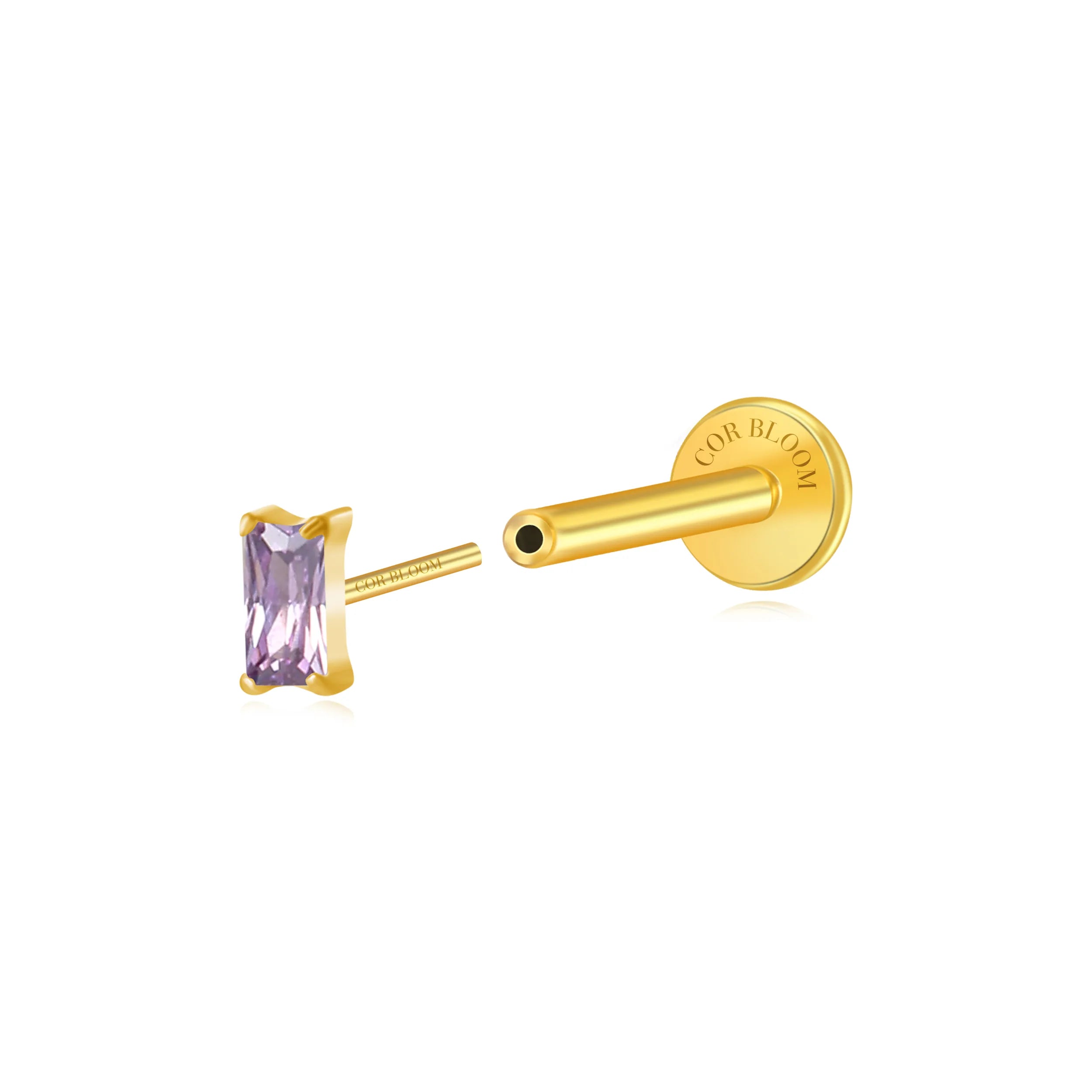 Titanium Irida Small Rectangular Baguette Flat Back Stud - Amethyst