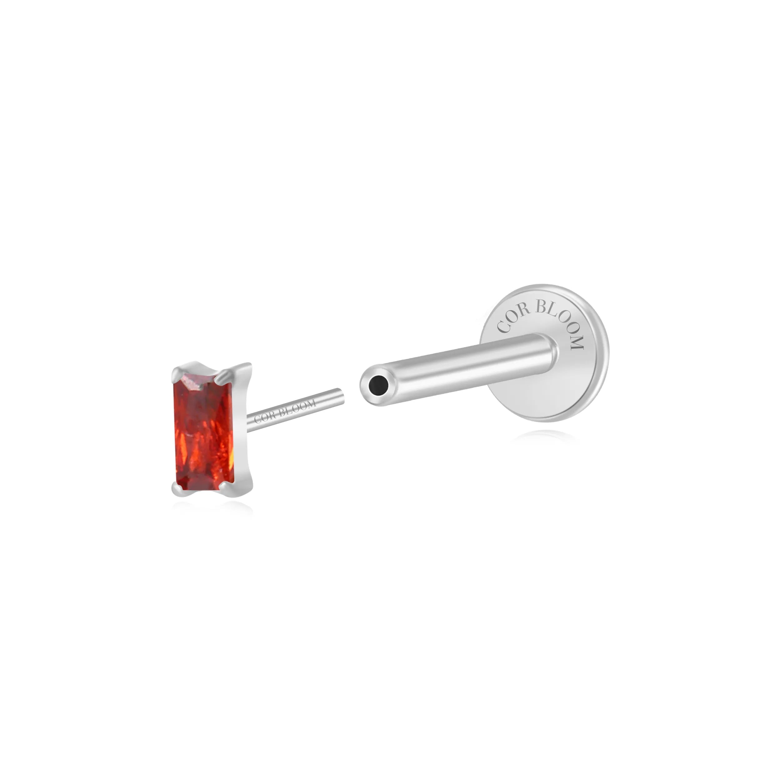 Titanium Irida Small Baguette Stud - Red Garnet