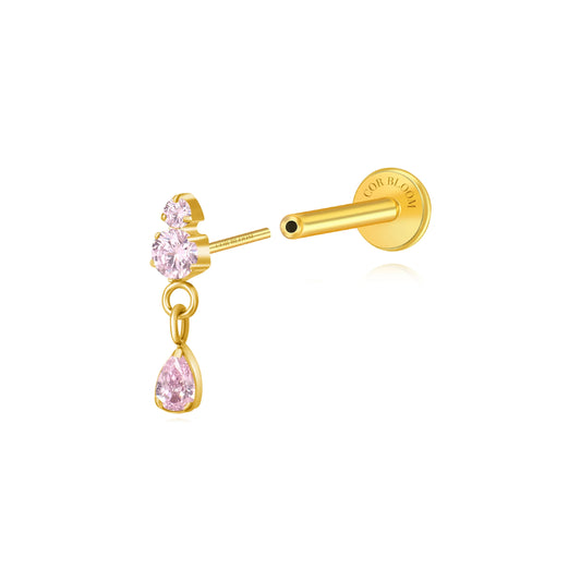 Titanium Yuri Waterdrop Push Pin Stud - Pink Tourmaline