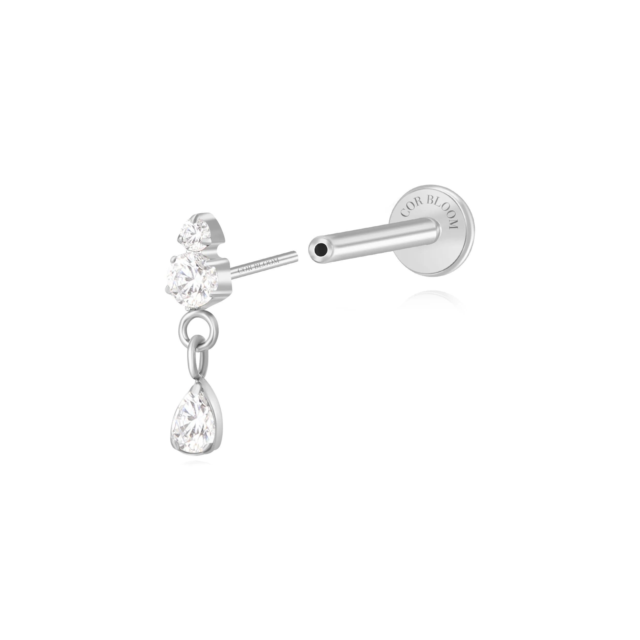 Titanium Yuri Waterdrop Push Pin Stud - White Crystal