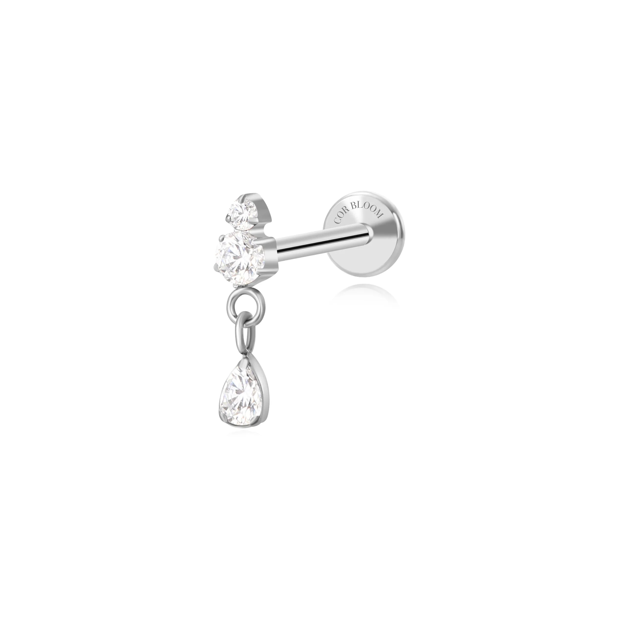 Titanium Yuri Waterdrop Push Pin Stud - White Crystal