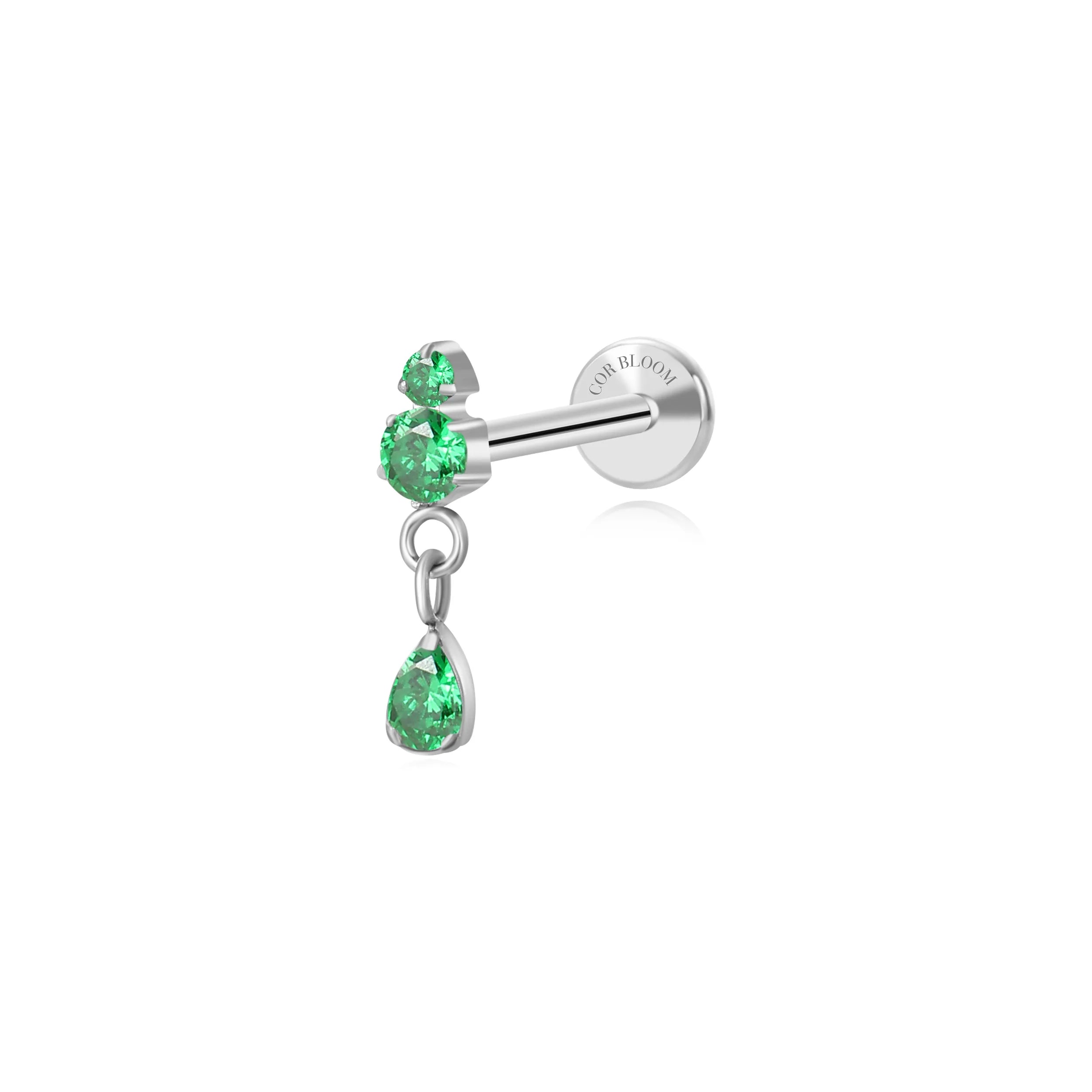 Titanium Yuri Waterdrop Push Pin Stud - Green Emerald