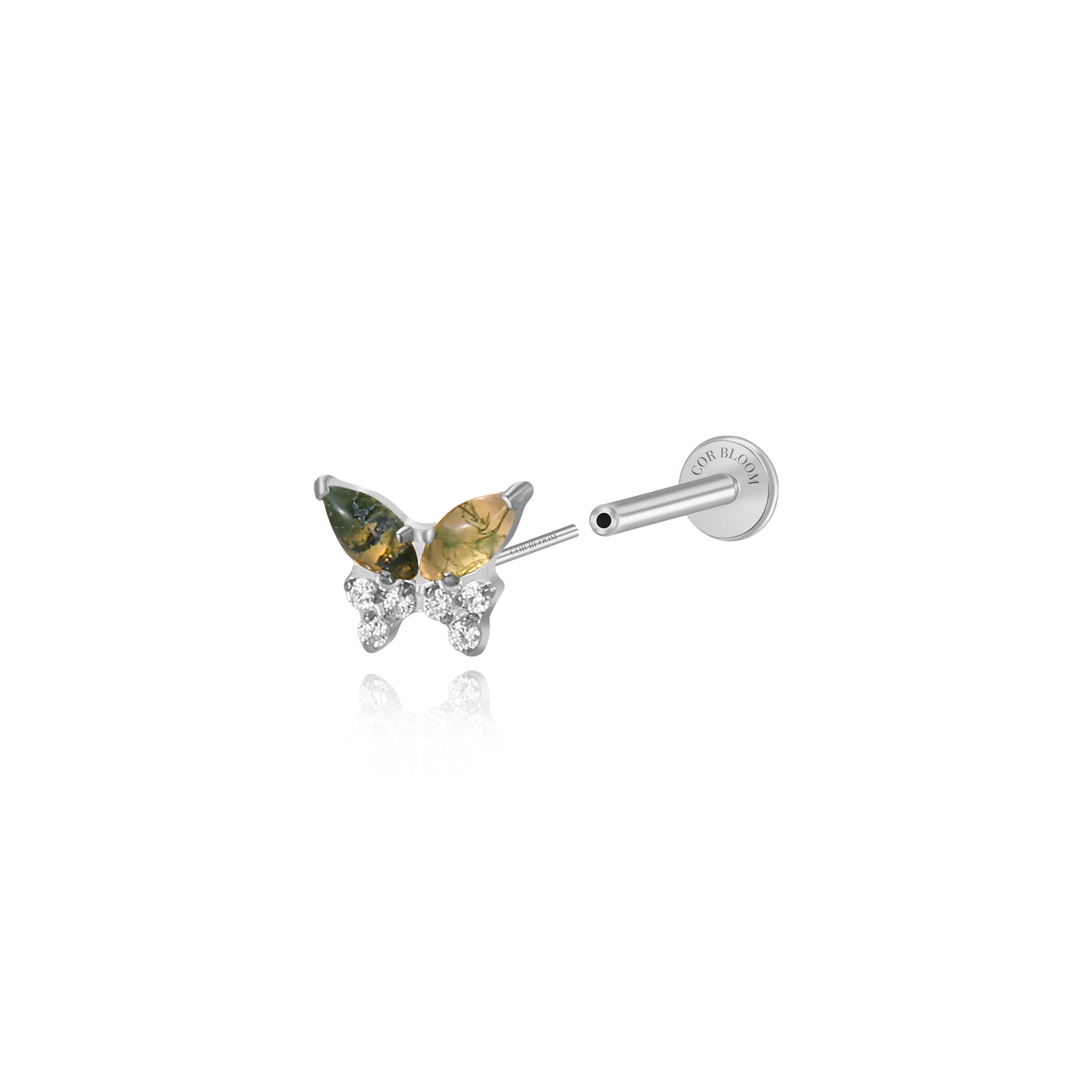 Titanium Zoe Moss Agate Butterfly Flat Back Stud