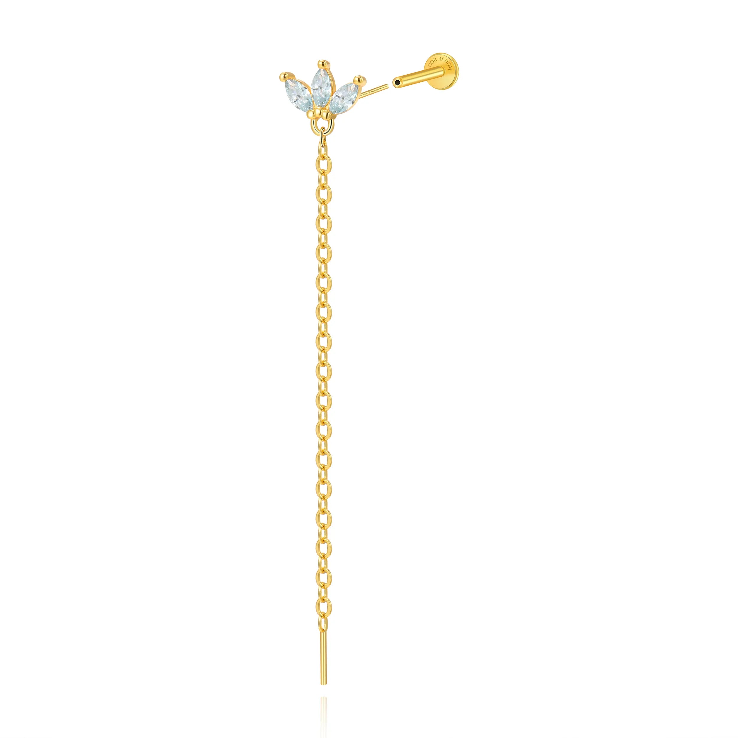 Alivia Three-Petal Dangling Chain Flatback Stud – Aquamarine Ocean Breeze