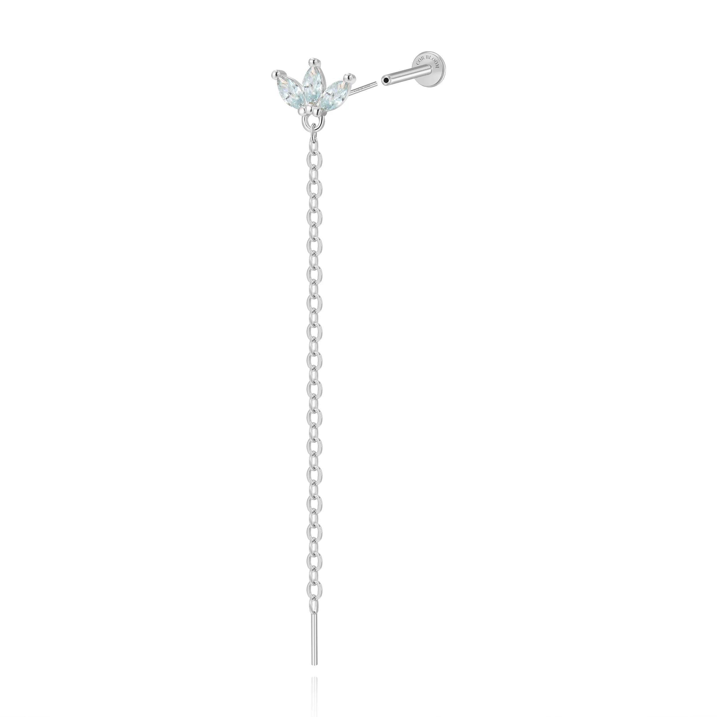Alivia Three-Petal Dangling Chain Flatback Stud – Aquamarine Ocean Breeze