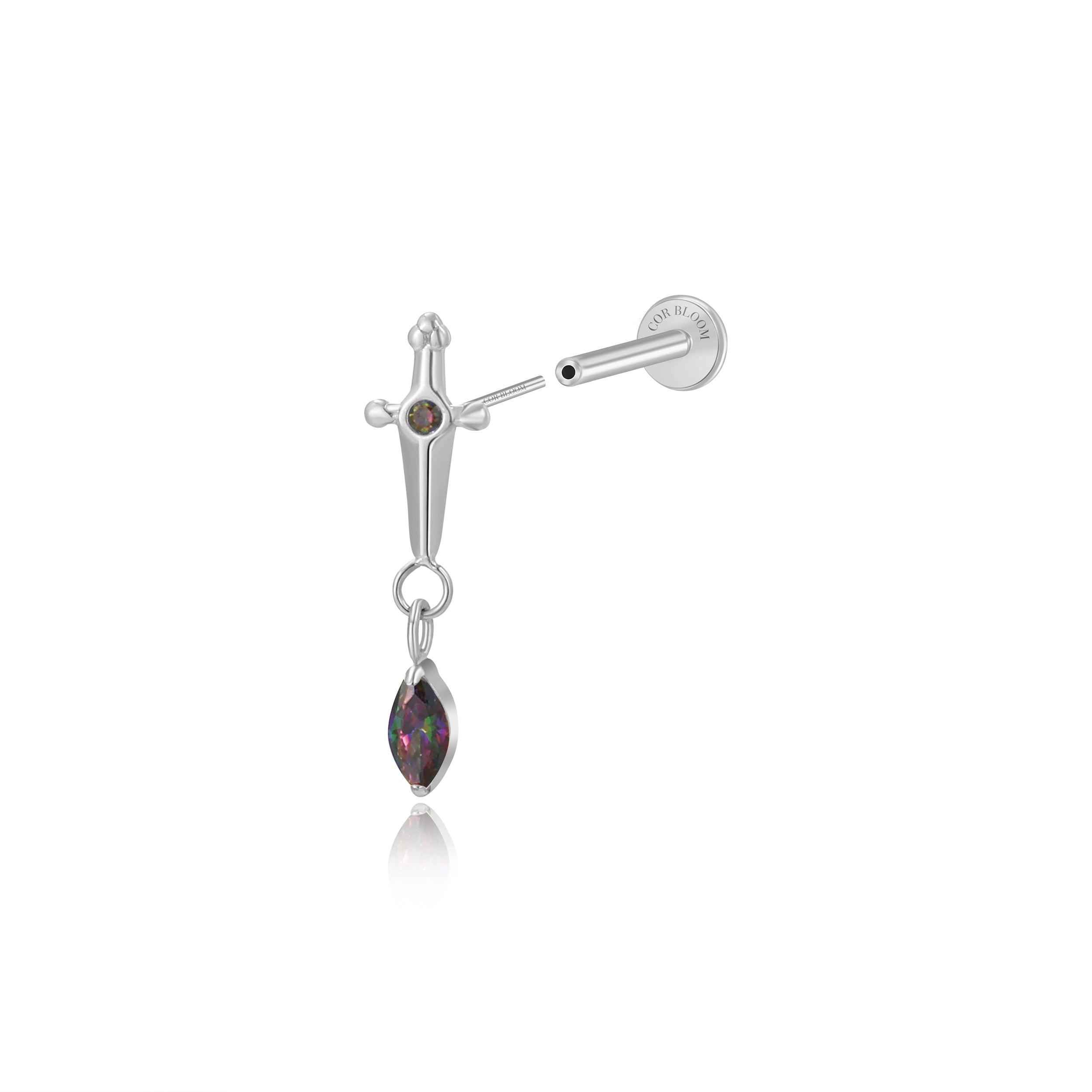 Titanium Dark Iridescent Sword with Dangling Marquise