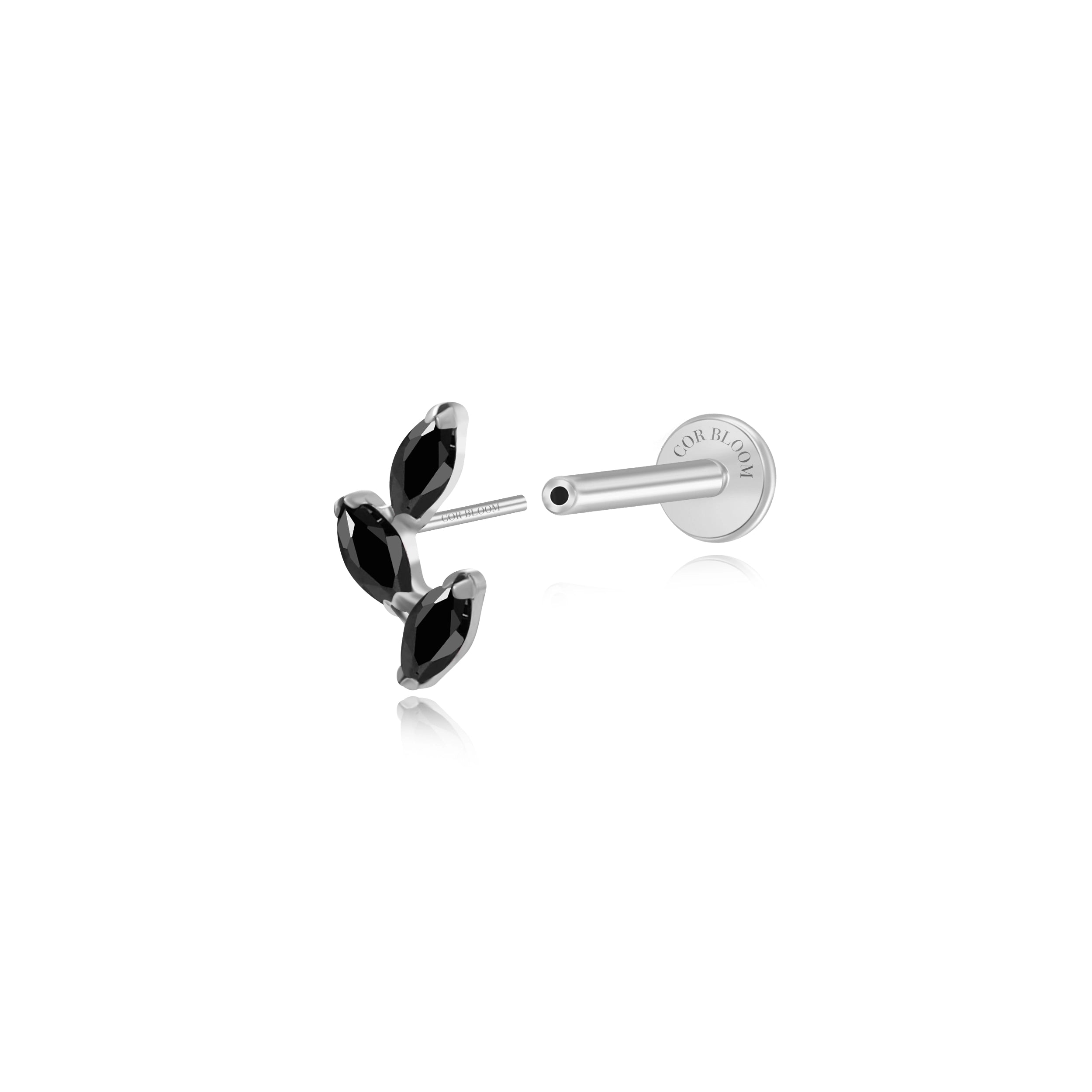 Titanium Aadhya Leaf Flat Back Stud - Black Spinel