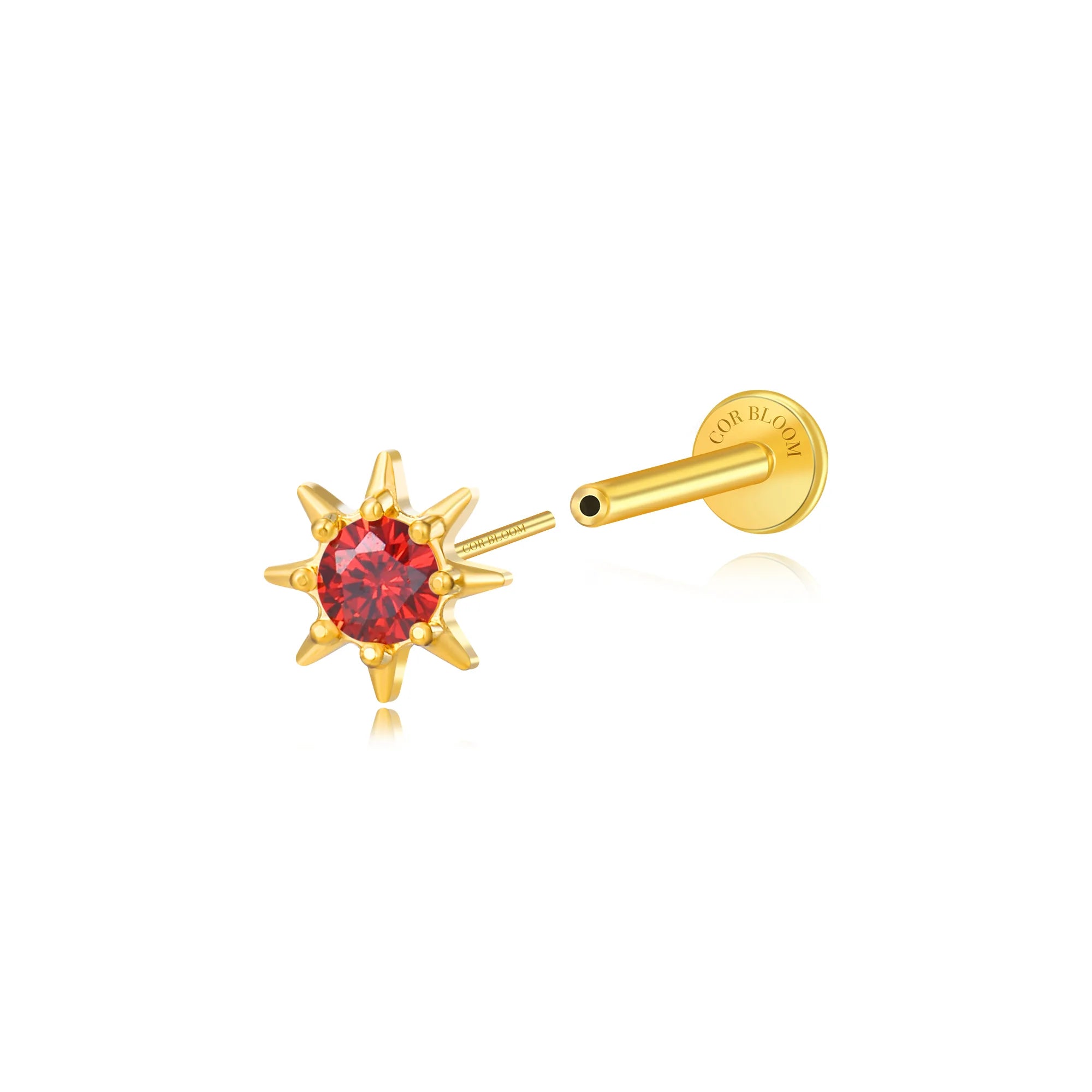 Aeliana Red Garnet Sun Push Pin Flat Back Stud