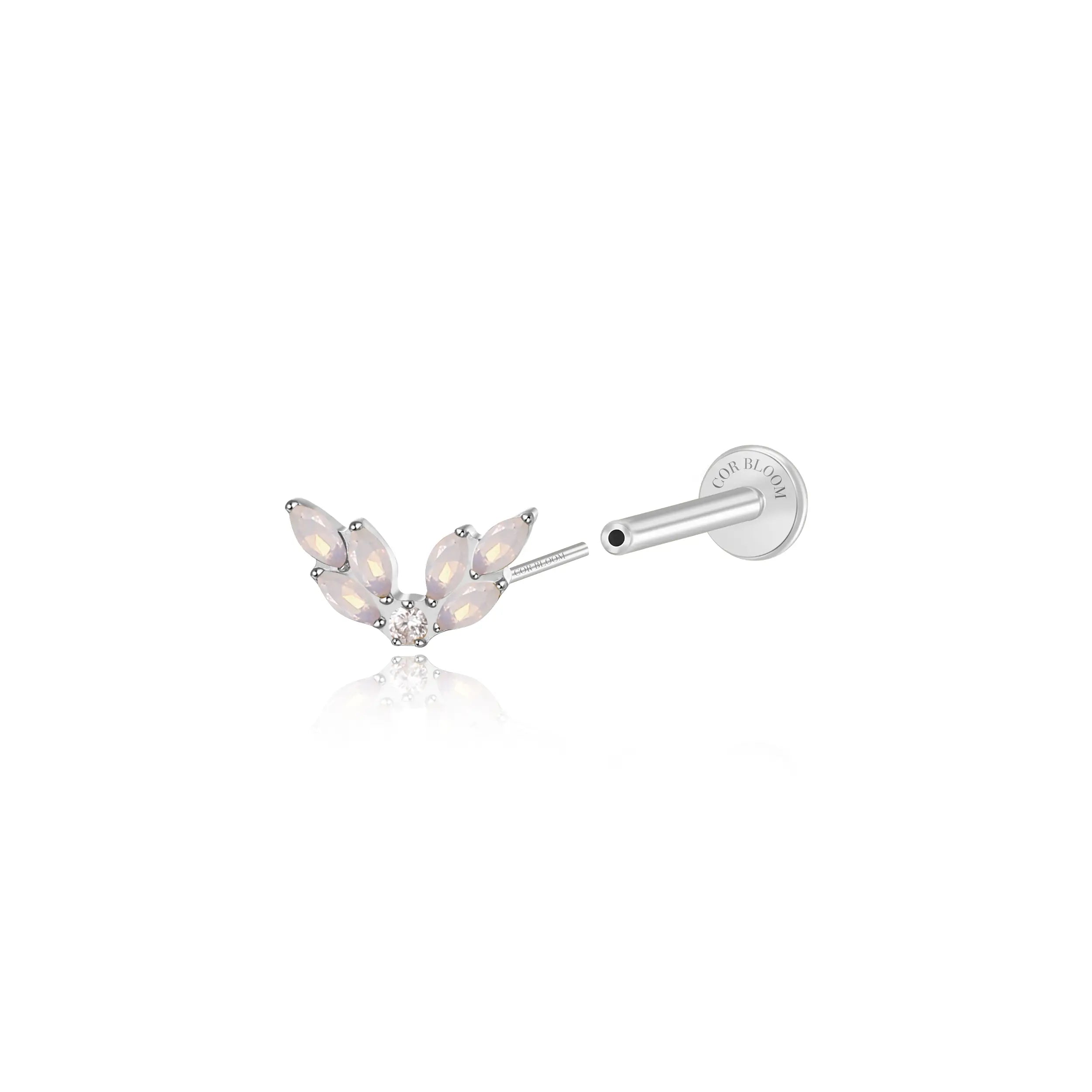 Titanium Veda White Moonstone Leaf Flat Back Stud