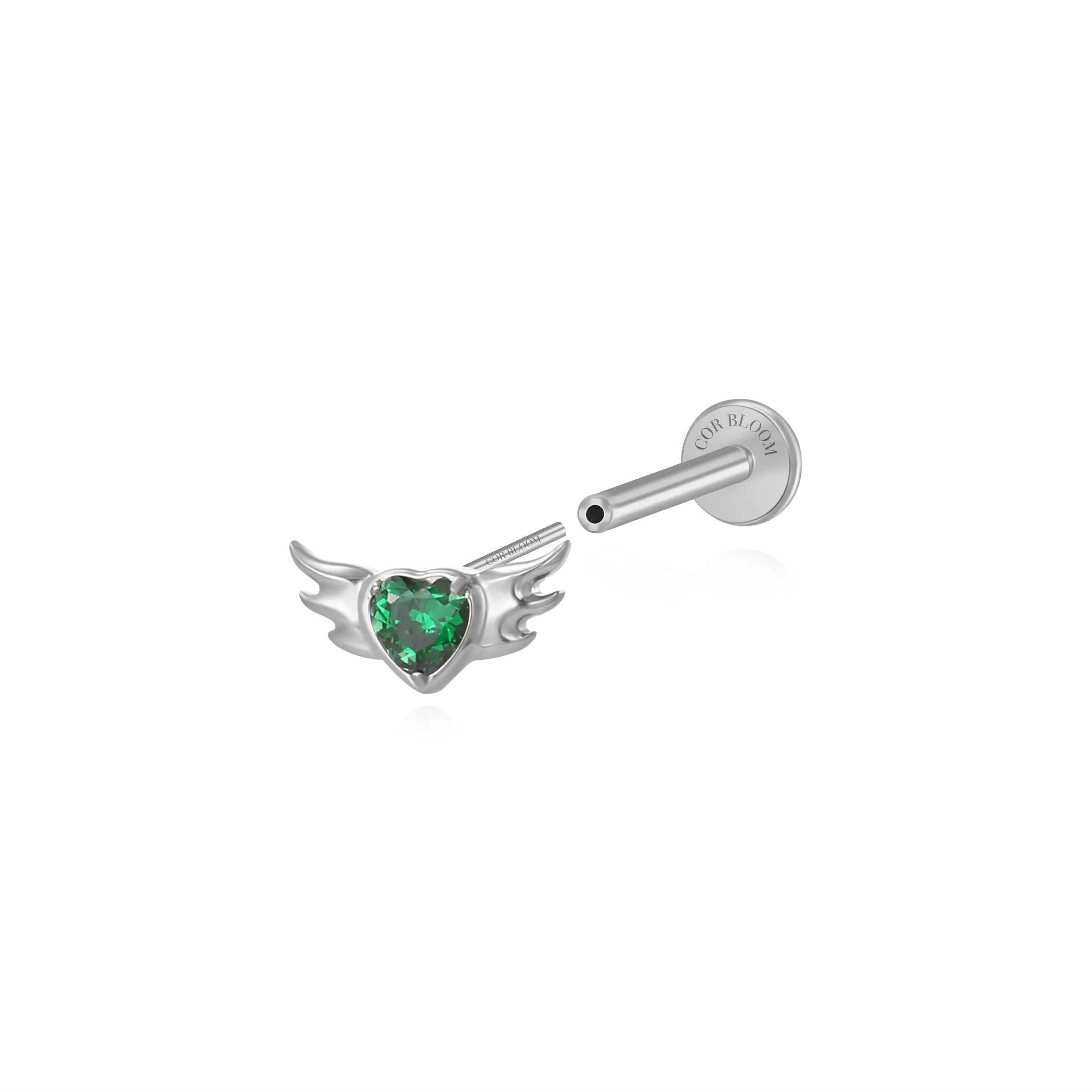 Titanium Davina Green Emerald Angel Heart Flat Back Stud