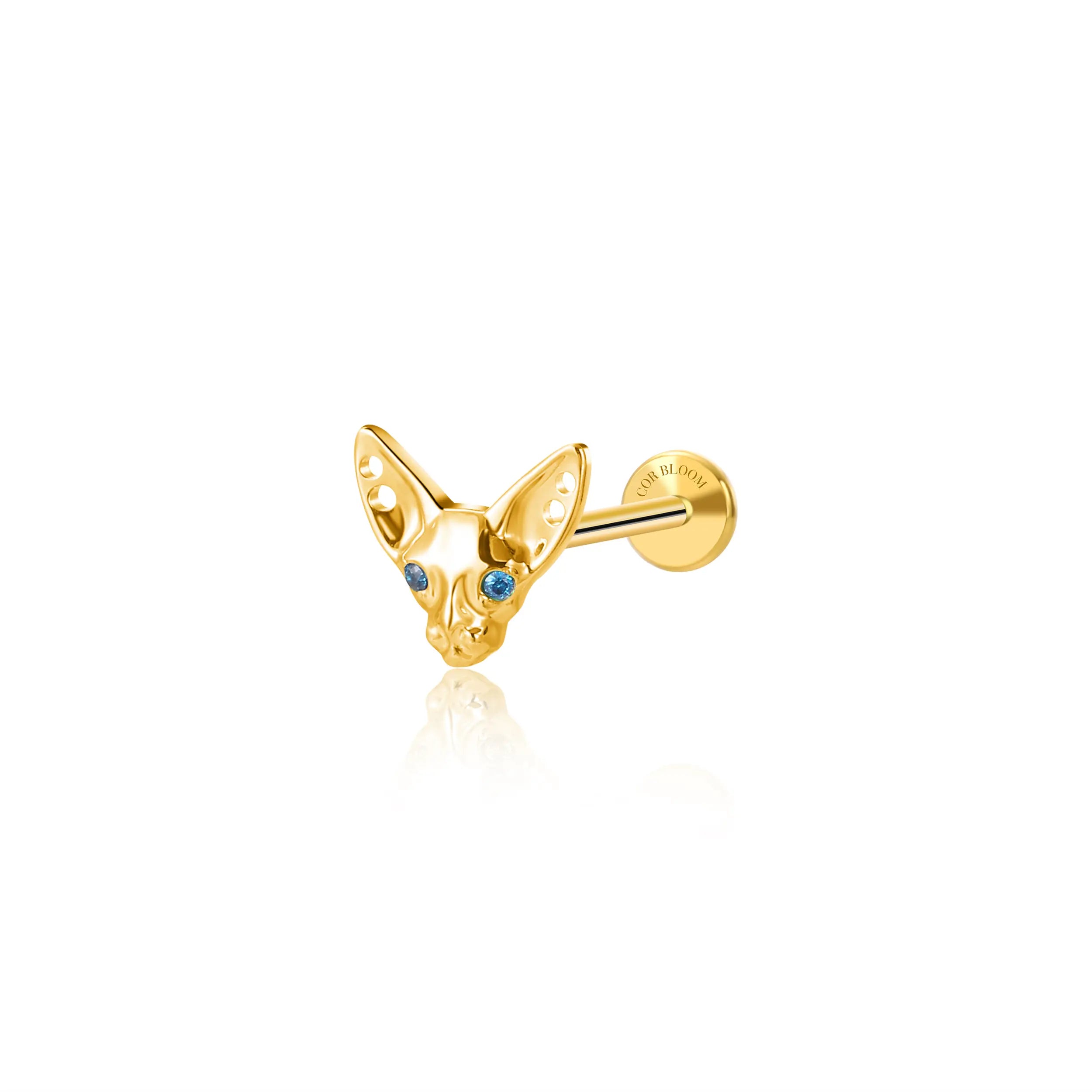 Titanium Blue Sapphire Eye Sphynx Cat Flat Back Stud
