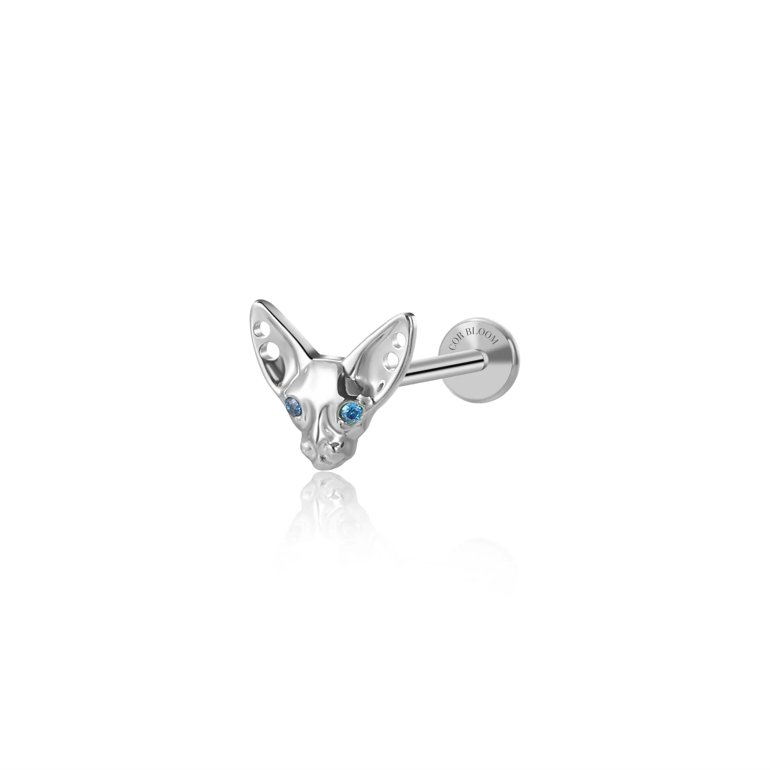 Titanium Blue Sapphire Eye Sphynx Cat Flat Back Stud